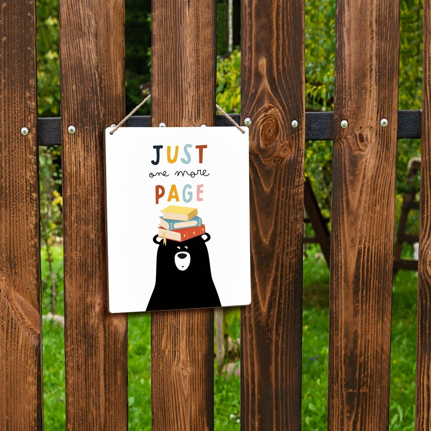 FUGWN Just One More Page Reading Black Bear Hanging Wooden Signs 8x10, Reading Nook Inspirational Classroom Playroom Nursery Wall Decor, Reading Corner Decor Gifts for Book Lovers Kids Girls Boys