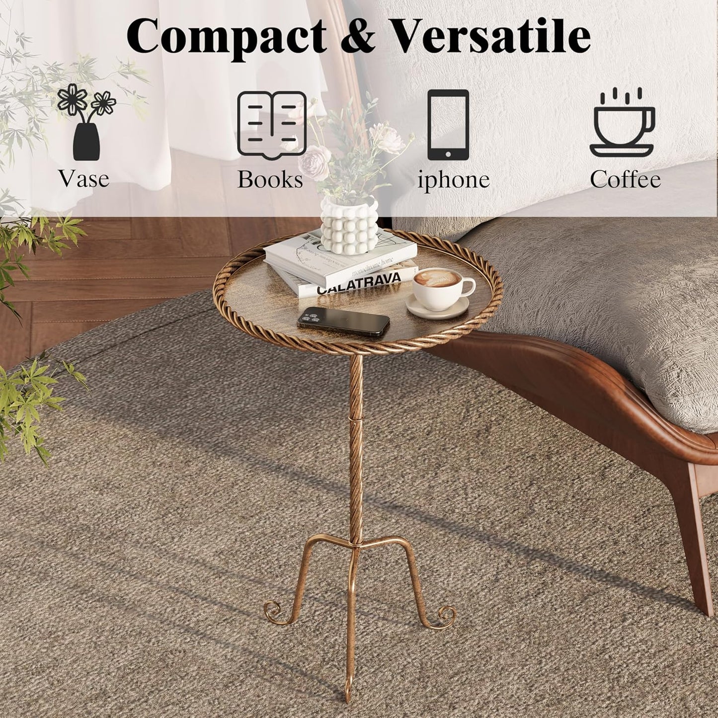 Vintage Bronze Round Metal Side Table with Raised Rim, Twisted Pedestal and Curved Tripod Base, Compact Art Deco Drink Table,13" Accent Table for Living Room, Bedroom or Corners (1, Bronze)