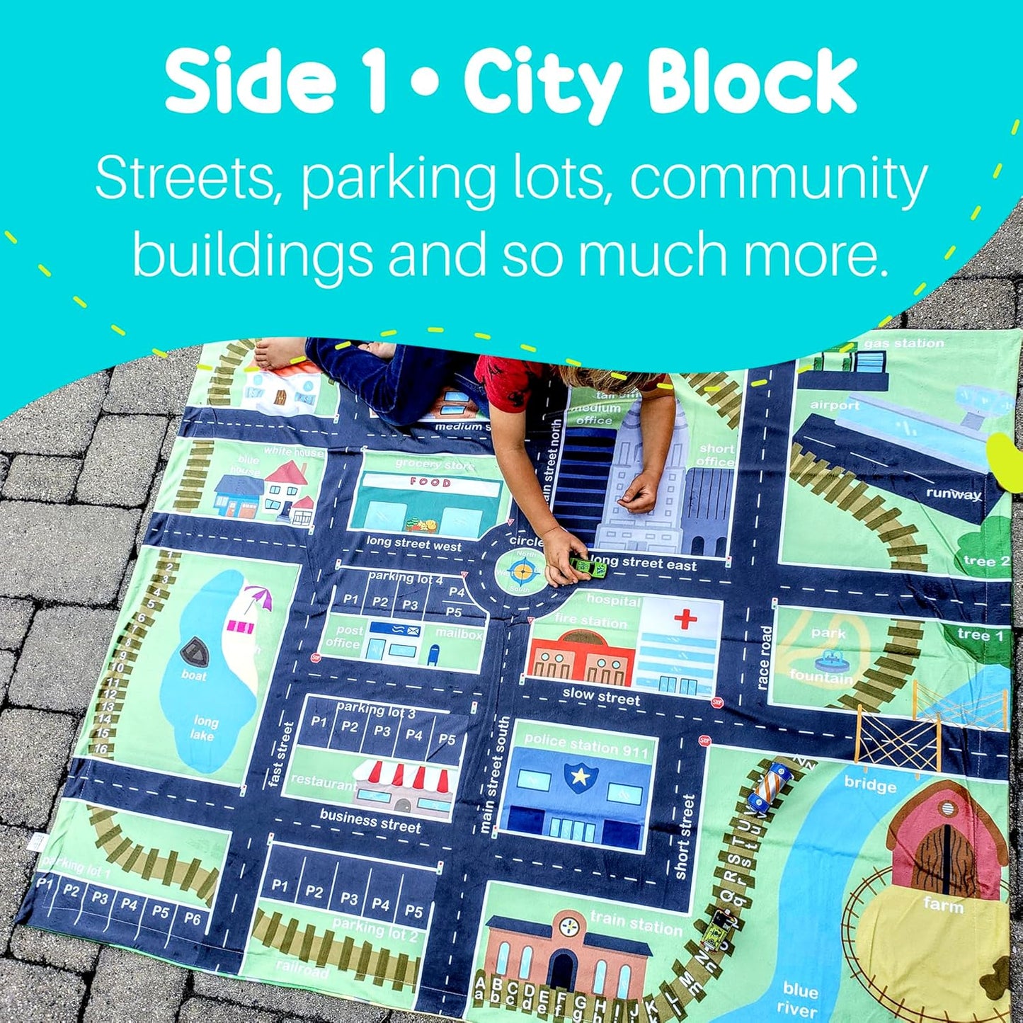 Birdy Boutique – Learning Blanket® – Double-Sided Dinosaur & Vehicle City Theme – 50" x 60" Soft Minky Educational Blanket for Kids – Playmat Throw for Preschool, Toddler, Daycare, Bedroom or Travel