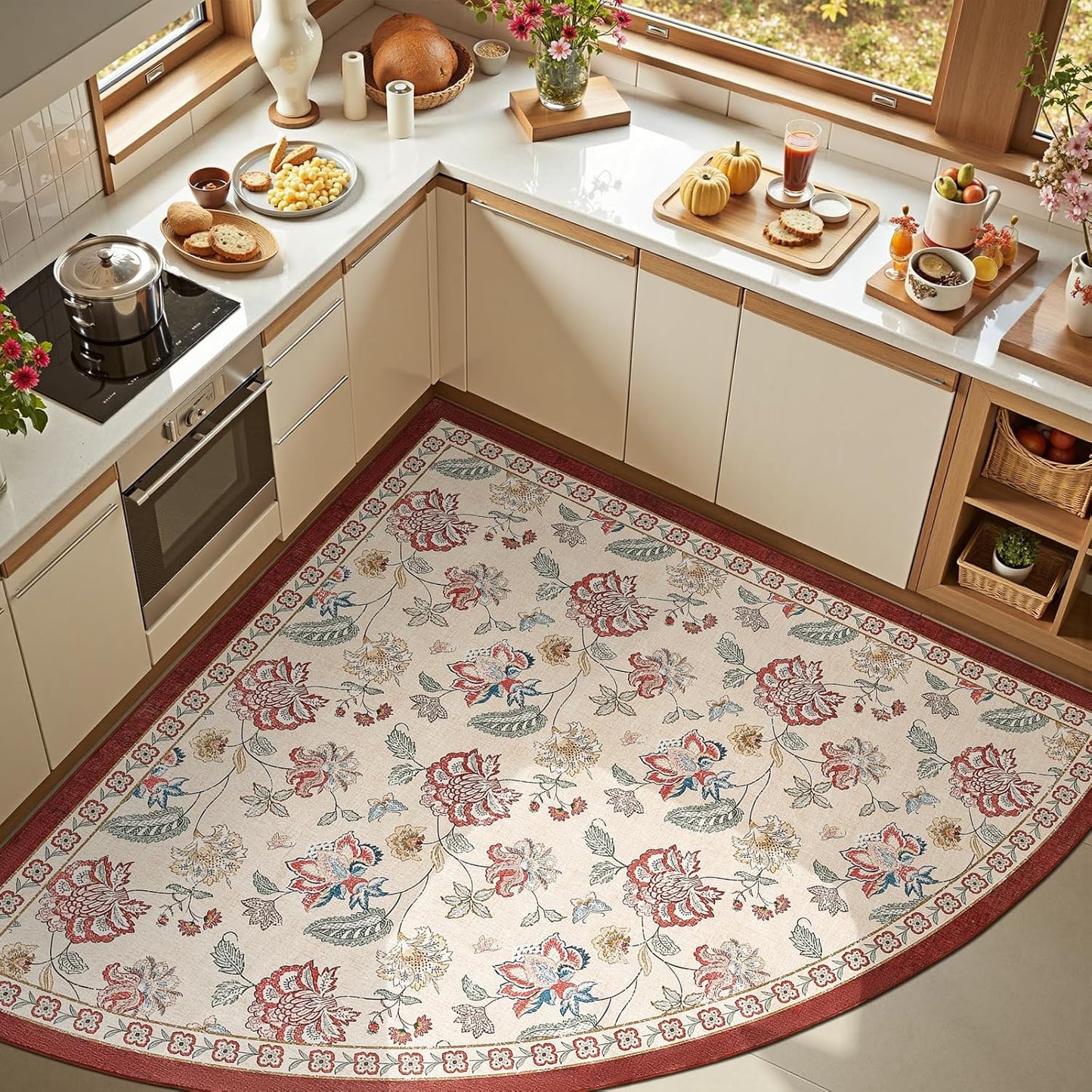 jinchan Elora Floral Corner Rug for Kitchen Washable Nursery Rug Vintage Romance Design Non Slip Quarter Circle Lightweight Low-Pile Throw Carpet for Playroom Reading Nook Office 5ft Radius, Red/Beige