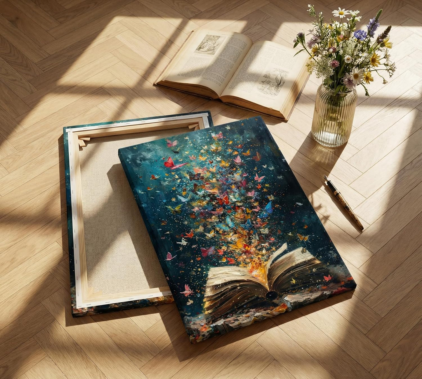 Colorful Butterfly Canvas Wall Art Retro Books Oil Painting Style Wall Decor Picture Butterflies Exploding in Books Poster Print for Library Reading Room Bedroom Modern Reading Concept Home Decoration
