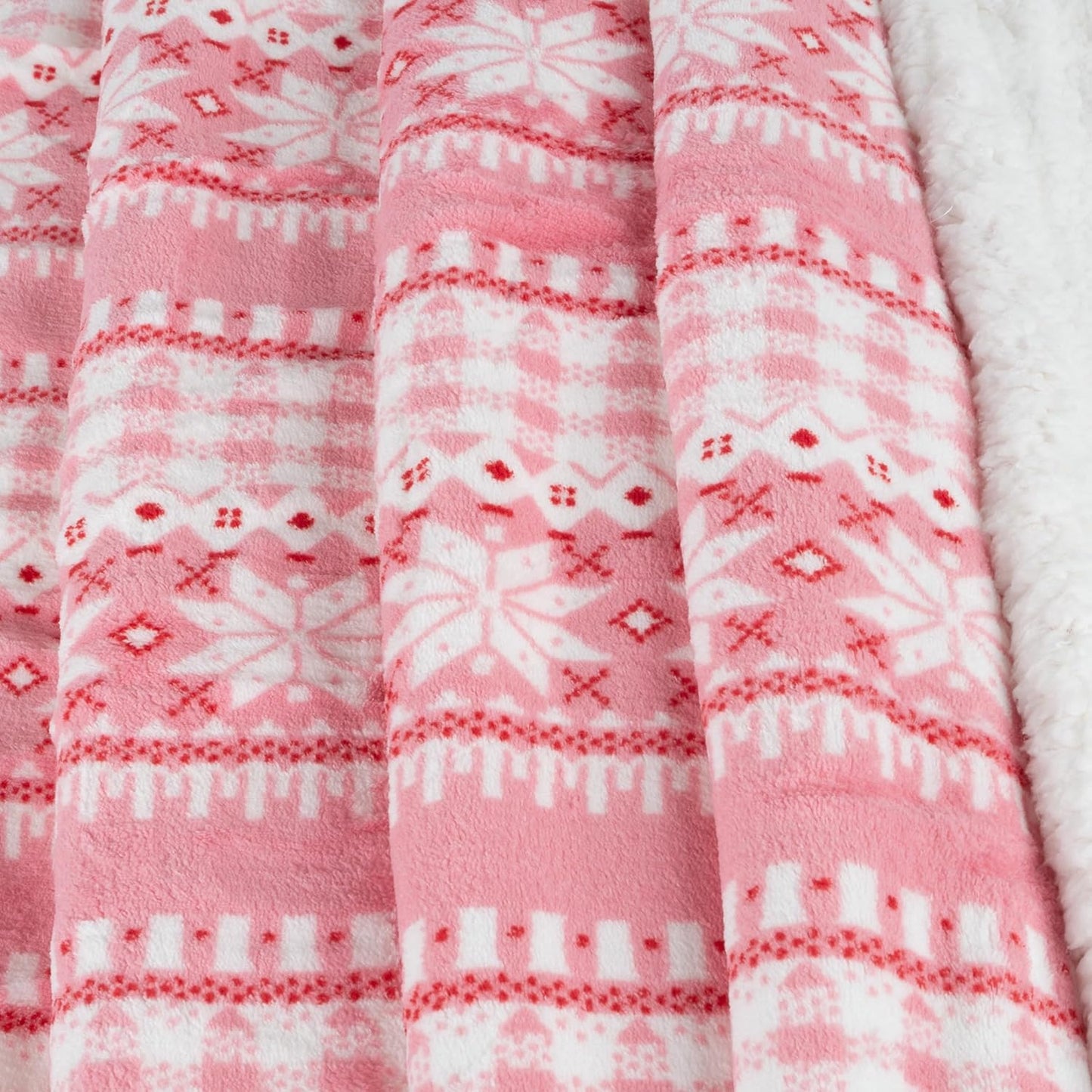 Reversible Fleece Blanket - 50x60-Inch Machine-Washable Sherpa Throw with Snowflakes - Cozy Blanket for Couch, Chair, or Bed by Lavish Home (Pink)