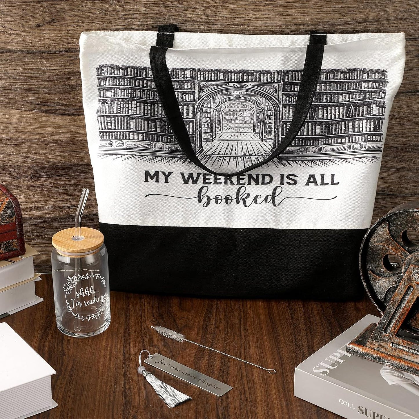 Inbagi 3 Pcs Book Lover Gift, Book Club Accessories, Bookish Gifts for Readers Librarians Bookworms Teachers Friends Cute Birthday Gift, 1 Canvas Tote Bag, 1 Metal Bookmark and 1 Glass Cup