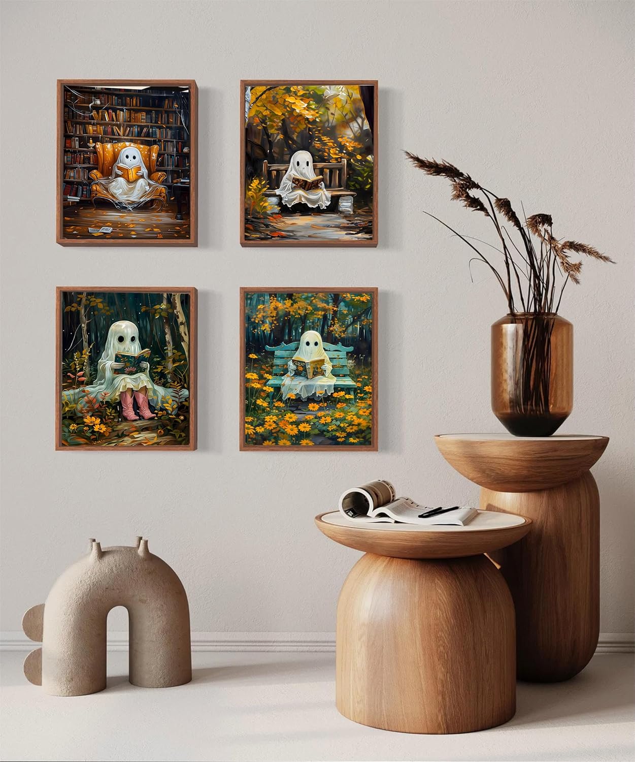Vintage Halloween Ghost Canvas wall art Funny Cute Ghost Reading Book Painting Pictures wall decor Gothic Dark Whimsical Aesthetic Posters Prints for Bedroom Living Room Scene Home Decoration Unframed