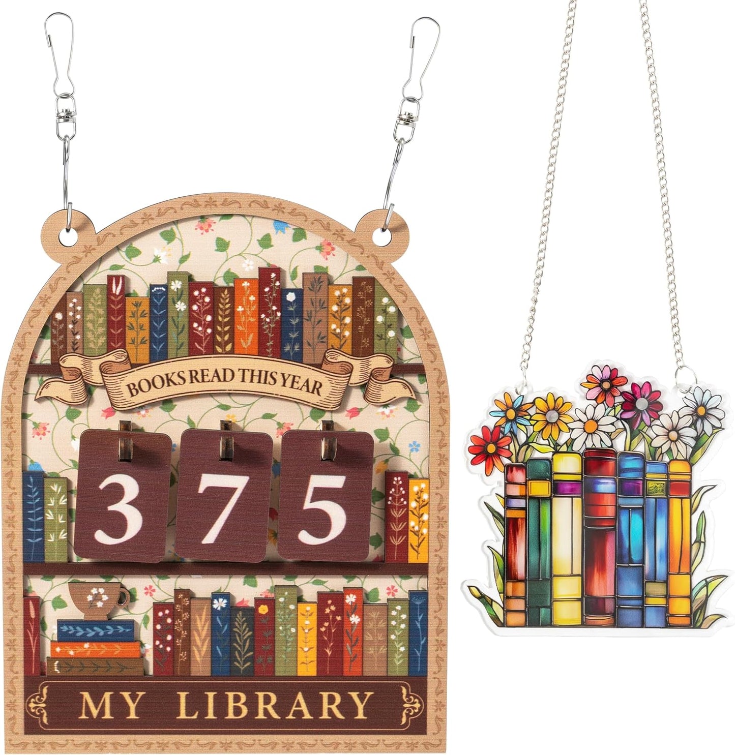Laffact Books Read This Year Counter - Reading Tracker Sign for Home Library Bookshelf Decoration, Book Suncatcher Ornament Floral Bookish Gifts Accessory for Book Lover Bookworm Birthday Table Decor