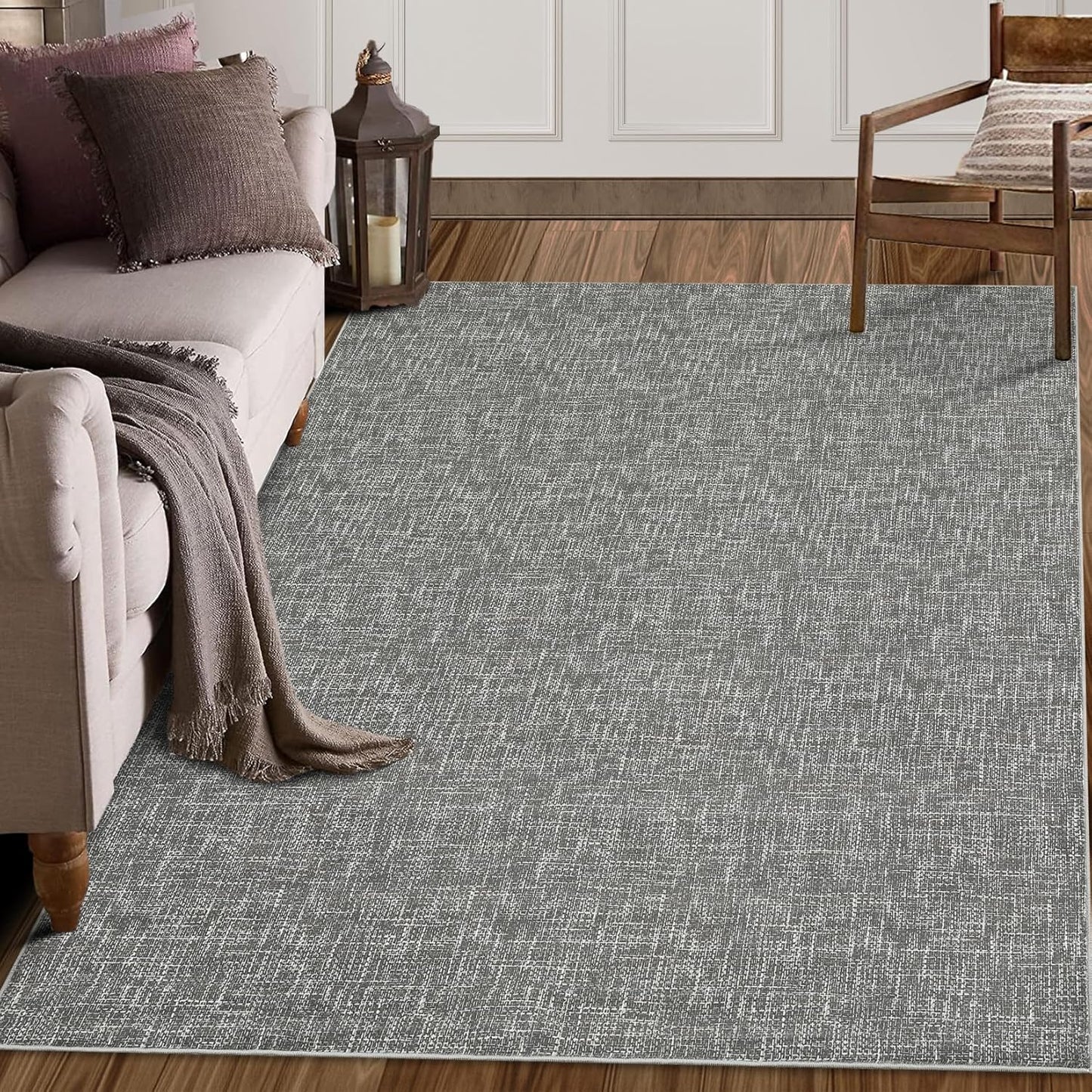 RUGSREAL 8x10 Washable Rug for Living Room Non-Slip Modern Abstract Area Rug Stain Resistant Large Bedroom Rug Contemporary Accent Throw Floor Carpet Solid Rug for Dining Room Home Decor, Grey