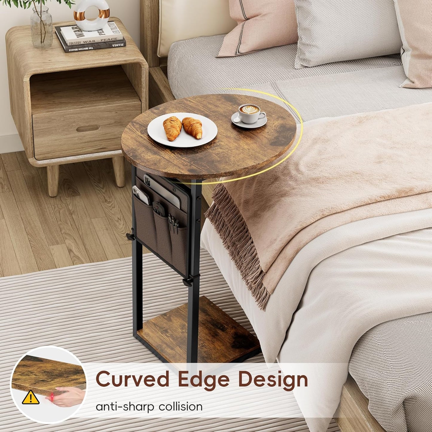 Vagusicc C Shaped End Table, Adjustable Height Small Side Table for Couch, 32" Tall Couch Side Table Slide Under Sofa Table TV Tray with Storage Bag for Living Room and Bedroom, Brown