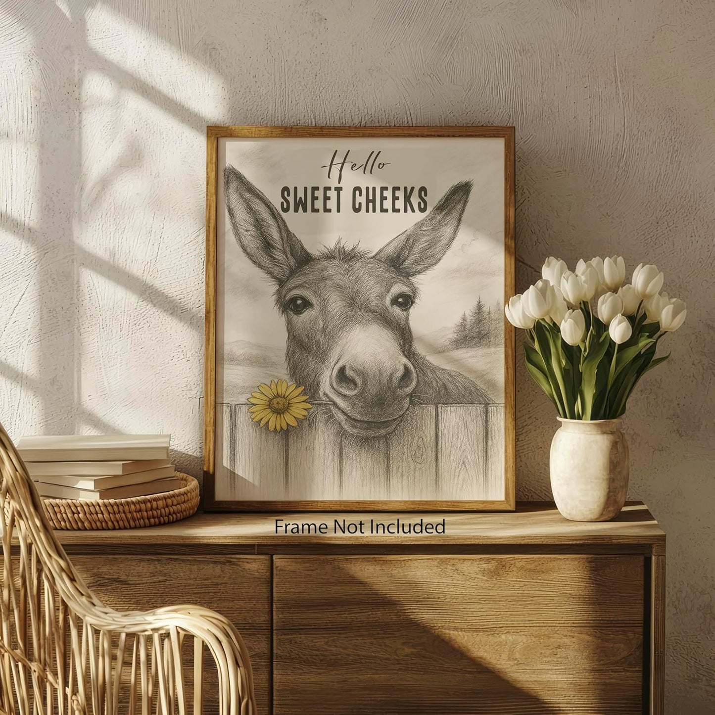 ZUKIY Howdy Humor with Farm Charm - Funny Donkey Wall Art Poster 8x10 Inch - Unframed Rustic Farmhouse Bathroom Decor - Animal Poster for Wall Decoration in Home Hallway Office or Studio