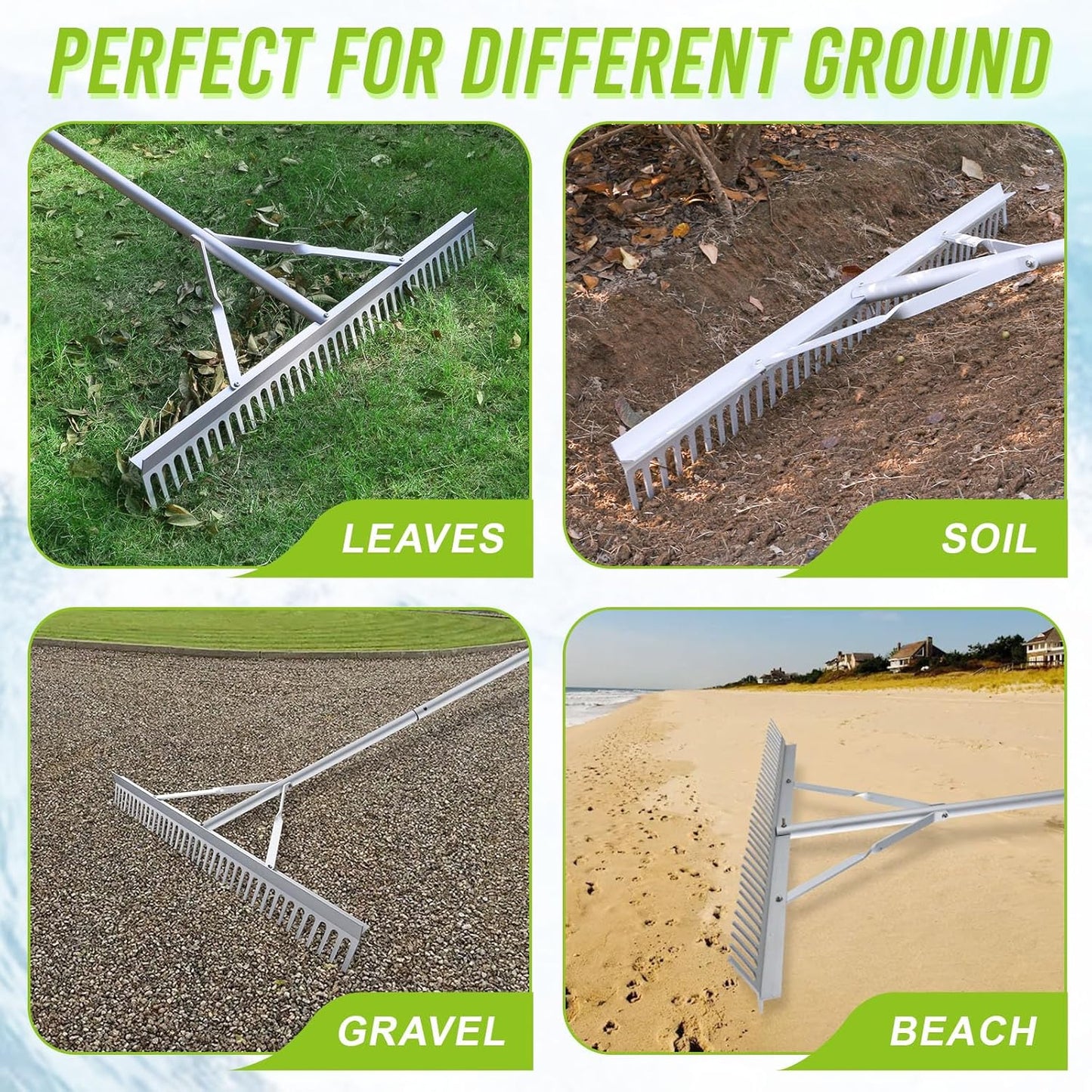 36 Inch Aluminum Landscape Rake, Garden Rake, Heavy Duty Rakes for Lawns, Metal Rake for Gardening, Loosening Soil, Lawn Care, Lake and Beach
