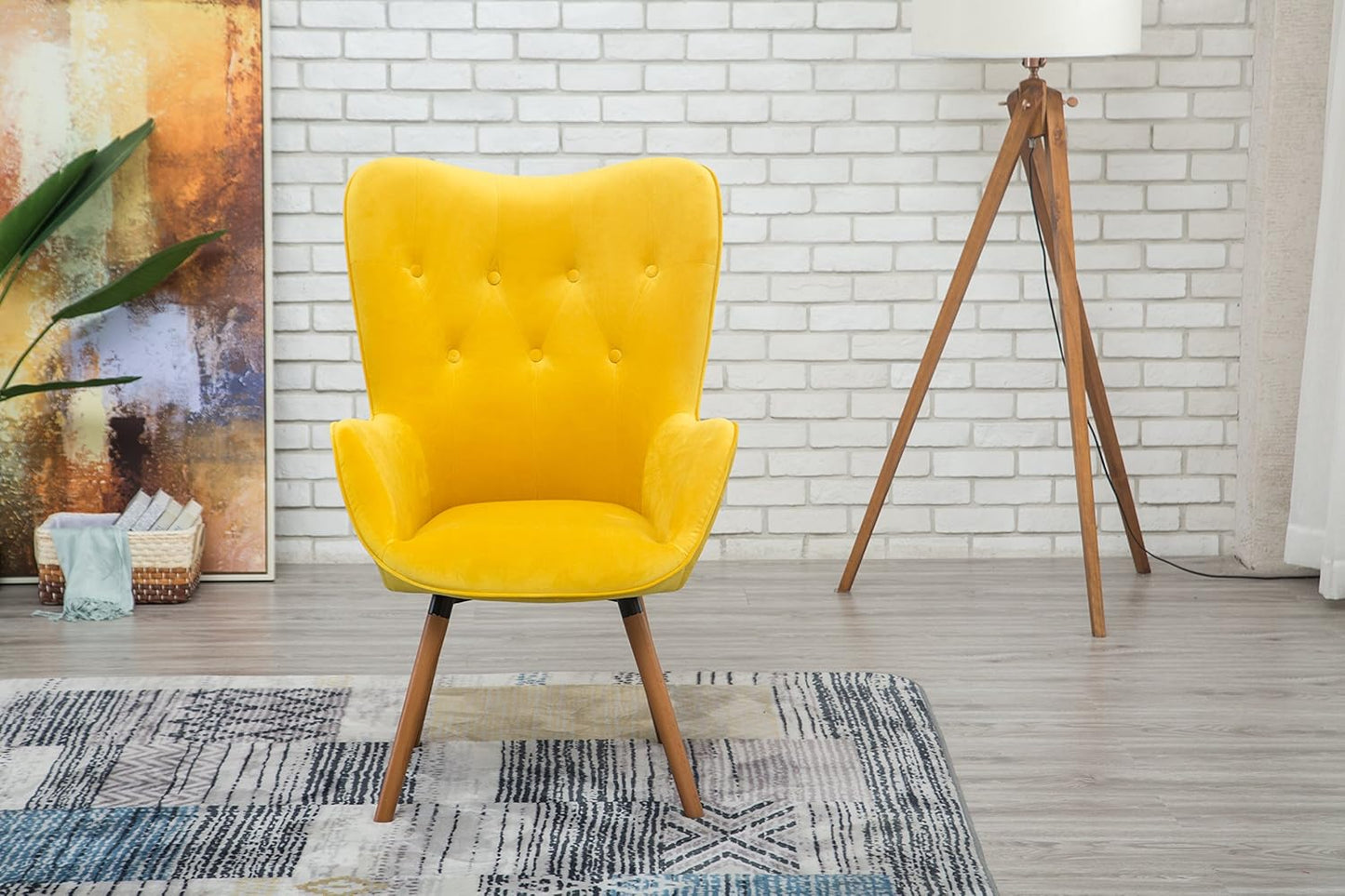 Roundhill Furniture AC155YL Doarnin Silky Velvet Tufted Button Accent Chair, Yellow 30D x 41.5W x 26.8H in