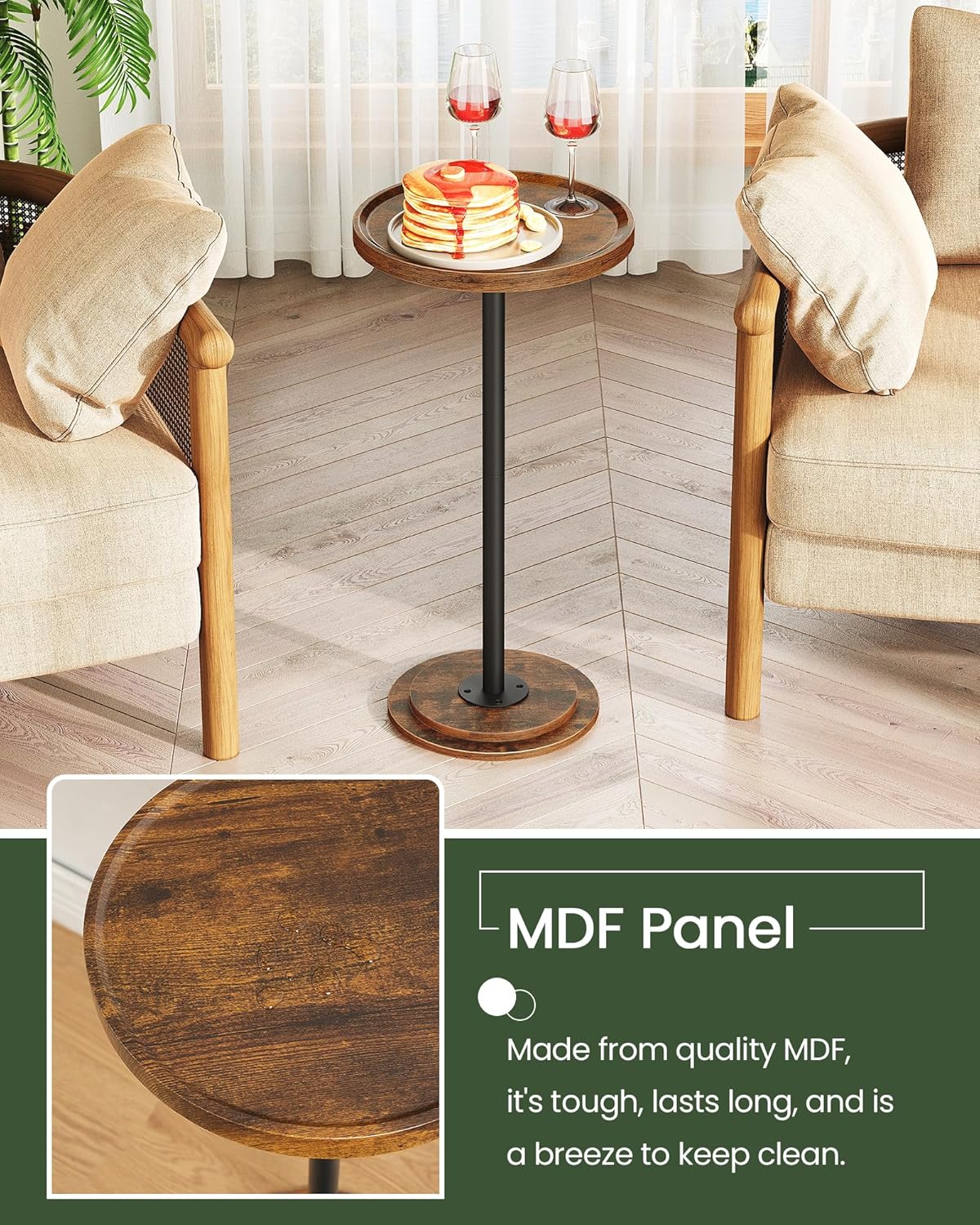 Drink Table, Small Round Side Table for Small Spaces, Thickened Base End Table, for Living Room, Bedroom, Rustic Brown and Black TBZ30BF