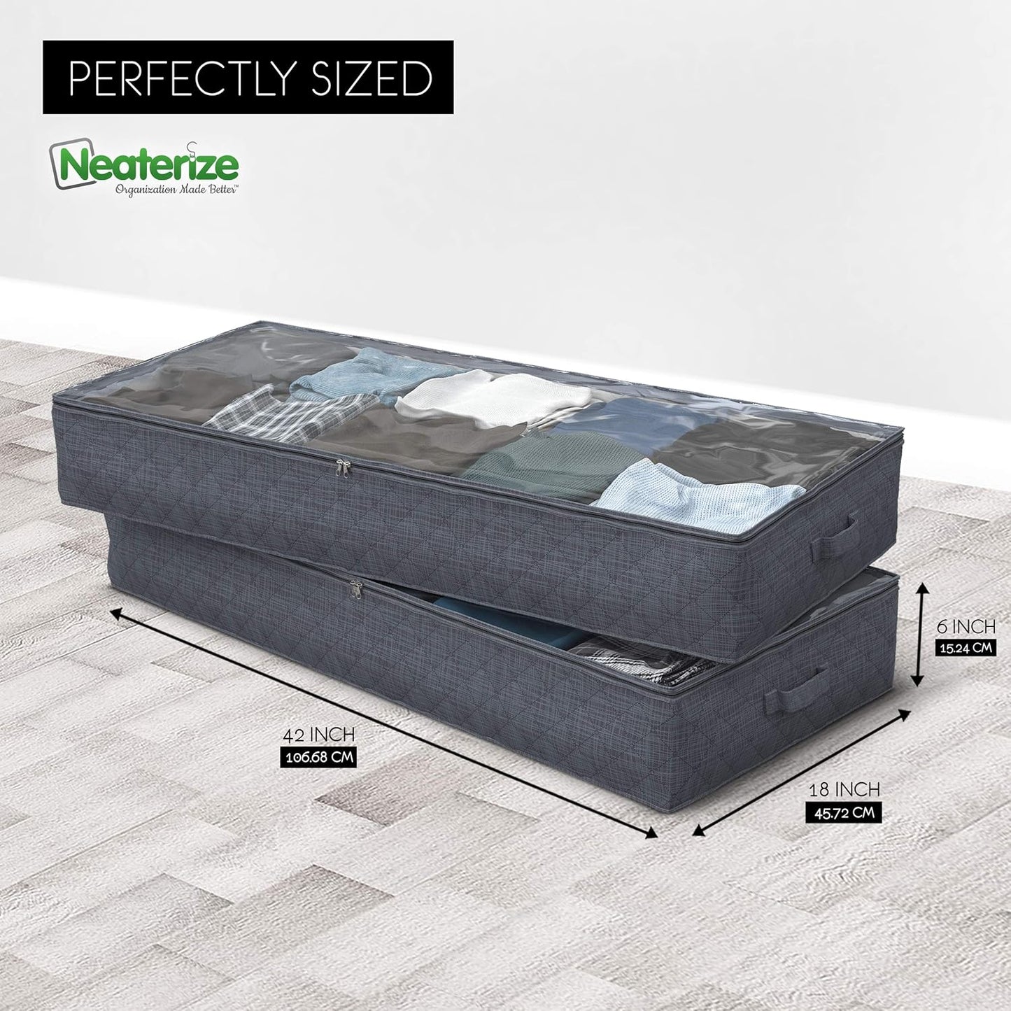 NEATERIZE Large Under Bed Storage Bags | 2-Pack Underbed Clothing Organizer | Ultra Thick Fabric, Reinforced Handles & Zipper | Stackable Organization and Storage Containers for Bedroom [Dark Grey]