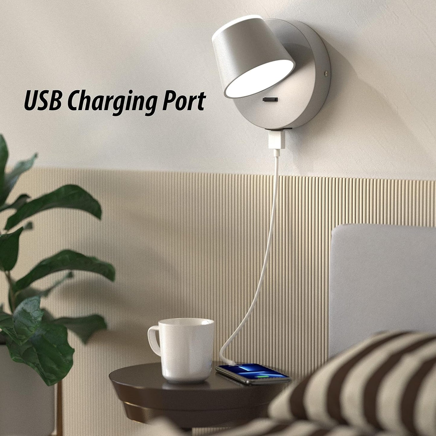 URSOLA Wall Light LED Wall Sconce with On/Off Switch USB Charging Port 110 Volt Hardwired Wall Lamp 350 Rotatable Up Down Sconces Wall Lighting (Grey)