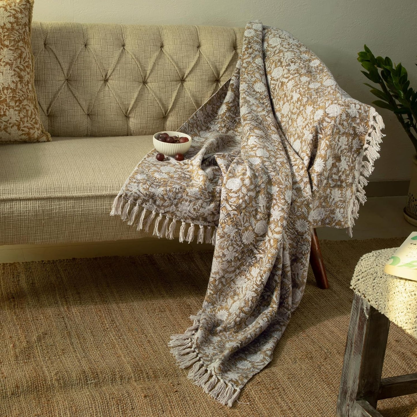 100% Pure Cotton Handblock Printed Throw Blanket, Soft 50" x 60" Fringed Floral Print Throw for Couch, Sofa, Chair, Bed - Cozy, Machine Washable, Comfortable Home Decor