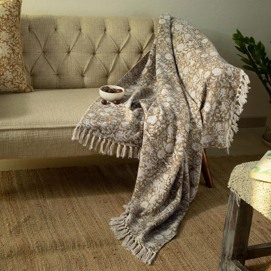 100% Pure Cotton Handblock Printed Throw Blanket, Soft 50" x 60" Fringed Floral Print Throw for Couch, Sofa, Chair, Bed - Cozy, Machine Washable, Comfortable Home Decor