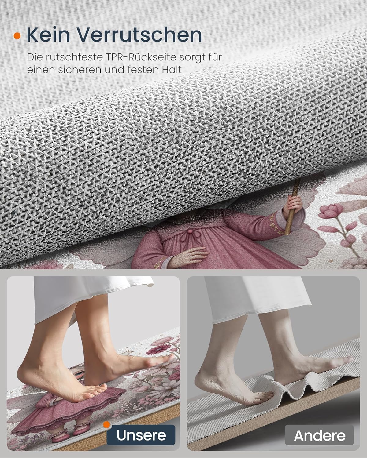 4Ft Round Washable Rug - Large Area Rug for Living Room Dining Room, Pink Gray Soft Bedroom Carpet with Cute Flowers Fairies Pattern, Fairy Tale Illustration Décor, Low Pile Stain Resistant