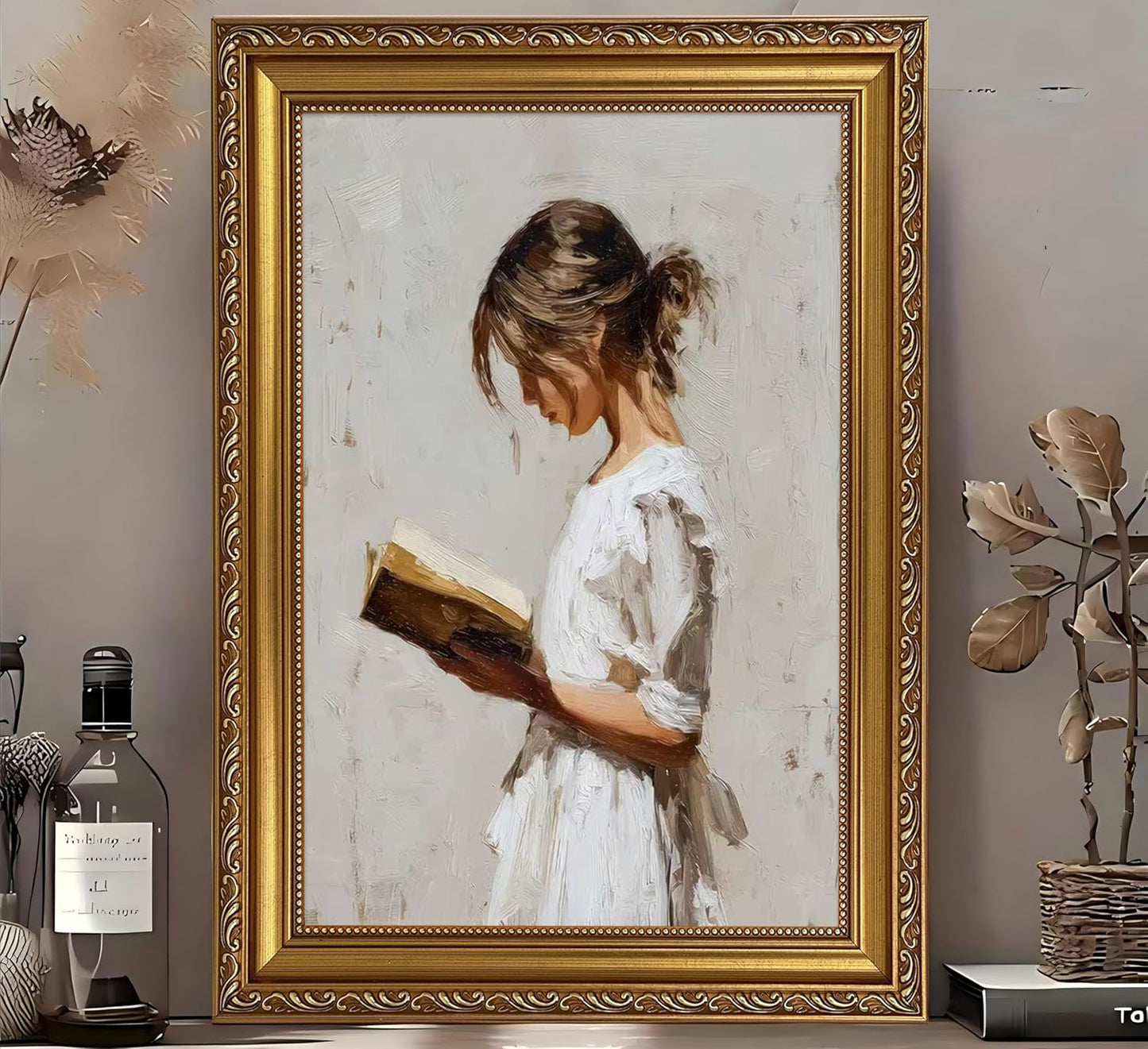 XIGBAWAN Framed Vintage Wall Art Woman Reading Portrait Victorian Gold Frame Canvas Painting Book Lover Reading Room Decor 12x16 Inch