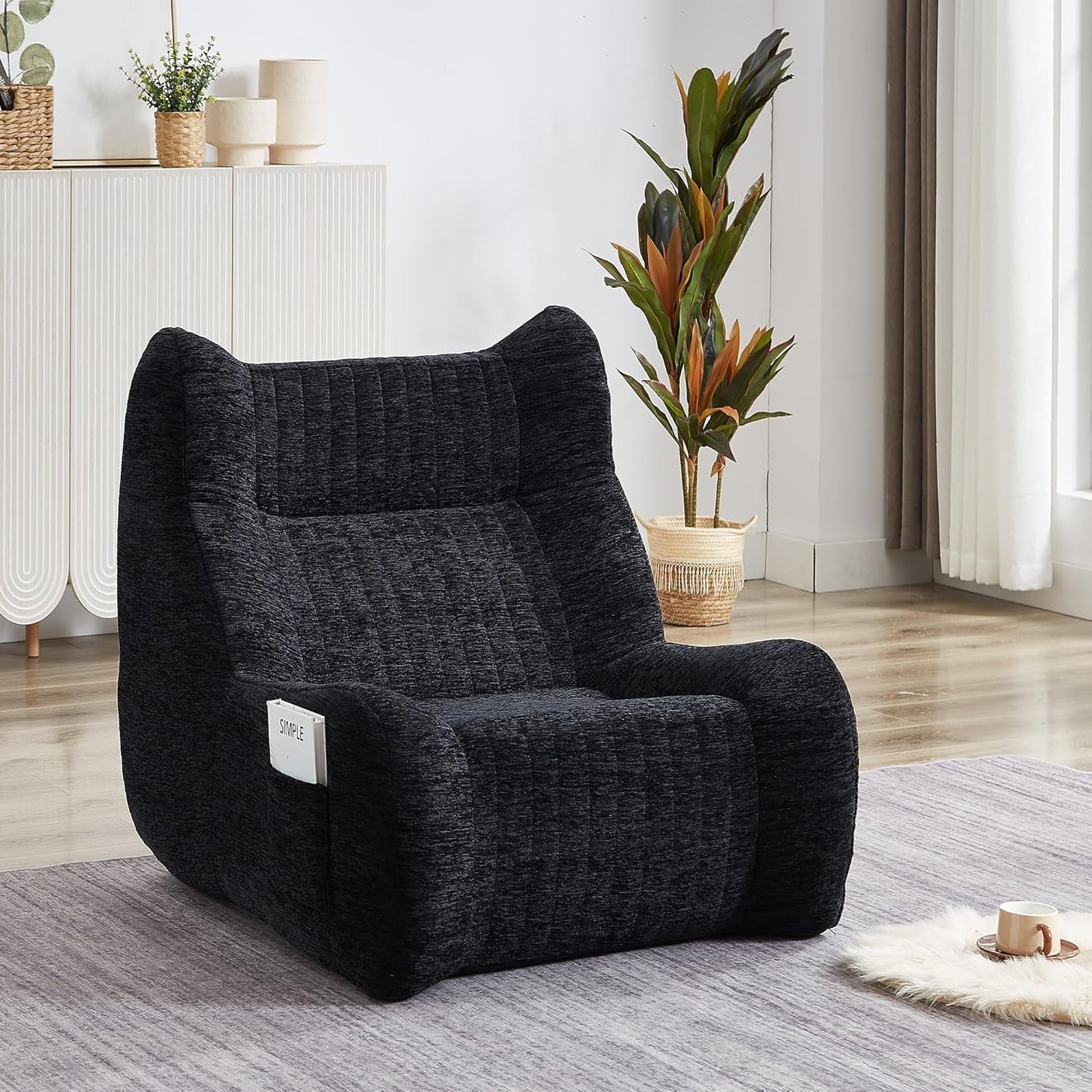Bean Bag Chairs for Adults and Kids, Oversized Comfy Lazy Floor Sofa, Chenille Upholstered Boneless Couch Chair with Side Pockets, Memory Lounge Reading Chair for Living Room Bedroom Office (Black)