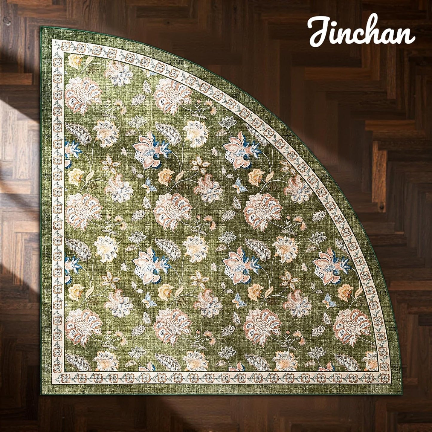 jinchan Elora Floral Corner Rug for Living Room Washable Bedroom Rug Vintage Romance Design Non Slip Quarter Circle Lightweight Low-Pile Throw Carpet for Reading Nook Playroom,6ft Radius, Green