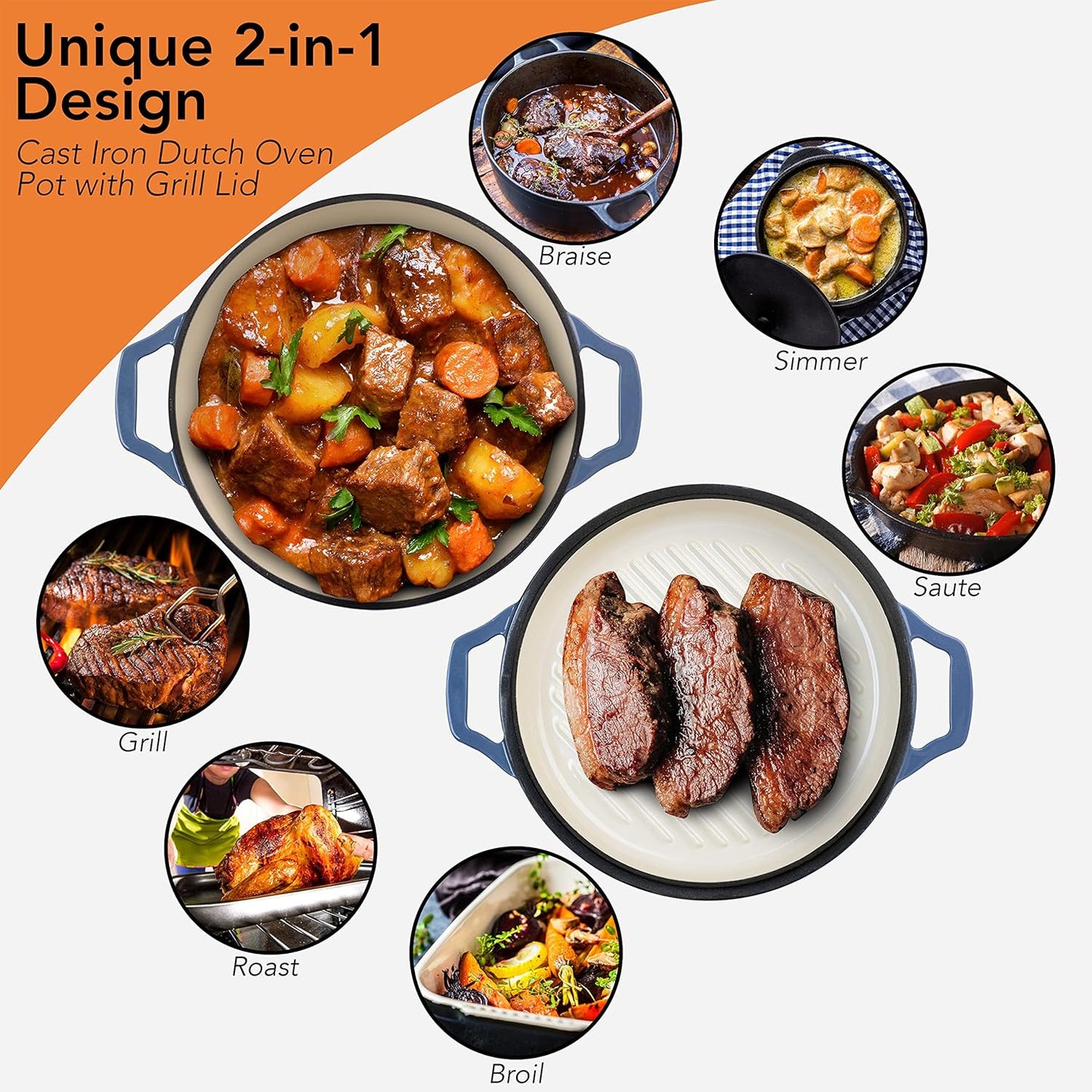 2-in-1 Enameled Cast Iron Braiser Pan with Grill Lid - 3.3-Quart Small Dutch Oven, Serves as Both Casserole & Stovetop Grill Pan, Cast Iron Cookware