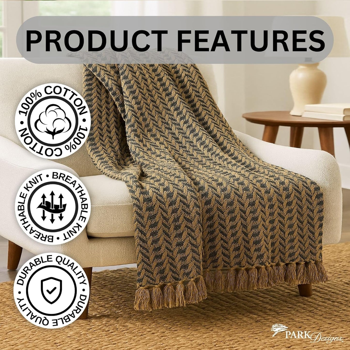 Park Designs Cable Throw Blanket Black & Tan | 50" x 60" Soft Cotton Knit | Cozy Boho Throw Blanket for Couch, Bed & Travel | Lightweight Decorative Home Décor Accent | Small Spring Plush Blanket