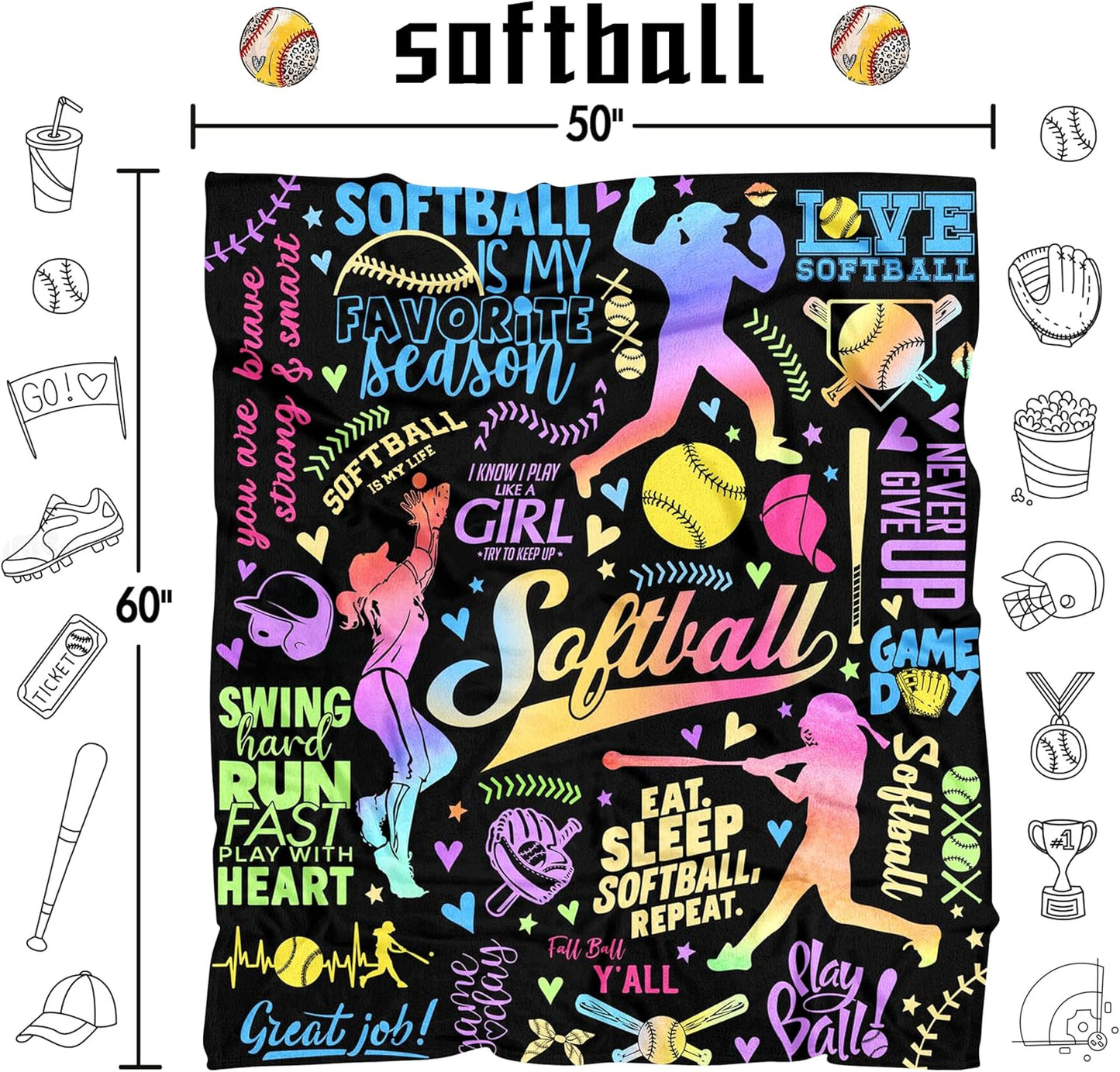 Softball Blanket Gifts for Boys Girls, Softball Lovers Throw Blanket Super Soft Lightweight Travel Bed Sofa Blankets for Sport Fans Kids Adults Player Coach, 50 x 60 Inch