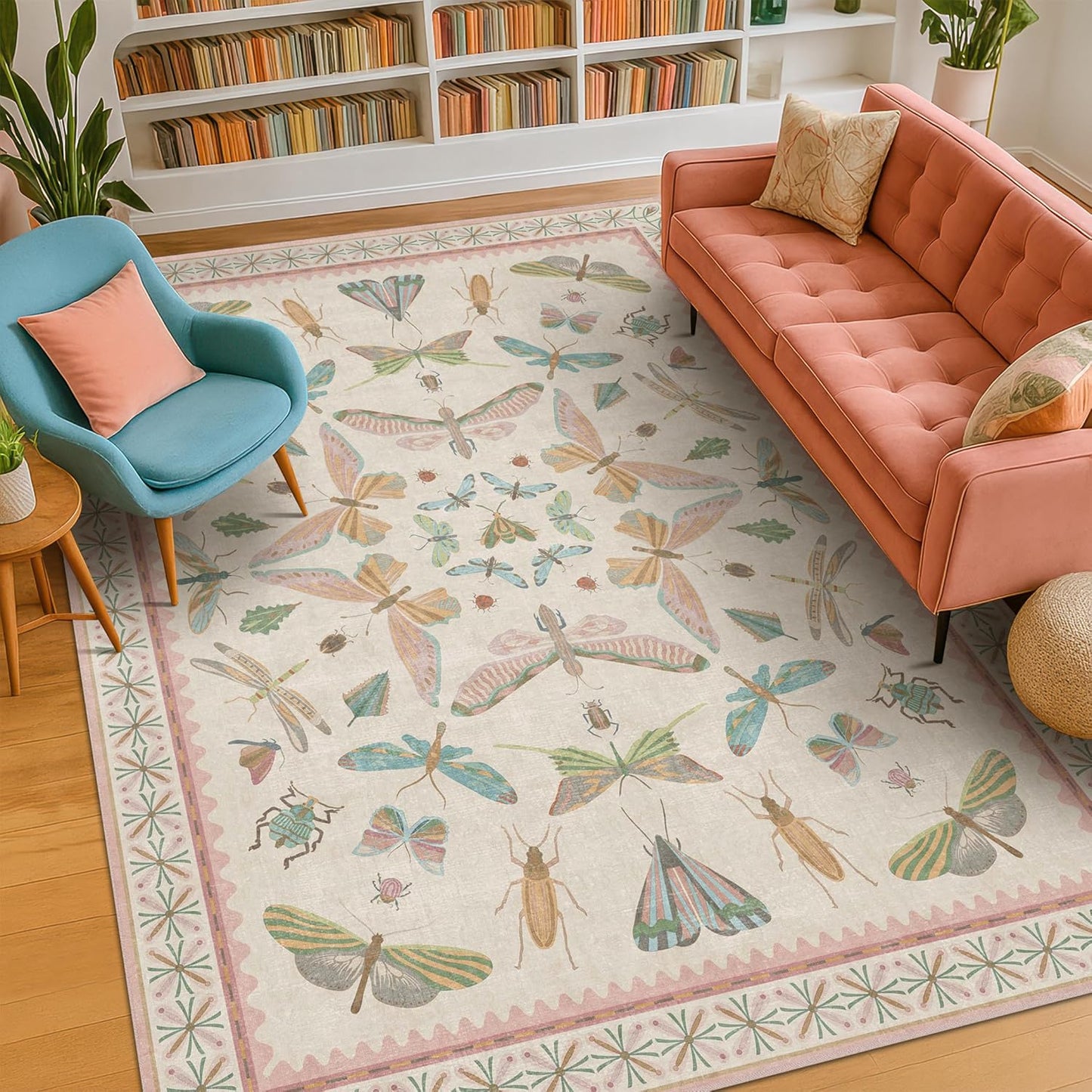 Butterfly Area Rugs 5x7 for Baby Nursery, Cute Light Pink Rugs for Bedroom Girls, Living Room, Kids Room Playroom Reading Corner, Washable Ultra Soft Stain Resistant Floral Floor Decor