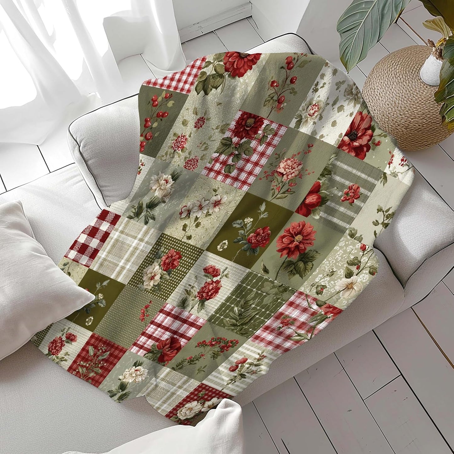 MASLEK Floral Patchwork Throw Blanket Vintage Farmhouse Flower Plaid Blanket Rustic Cottagecore Botanical Cozy Flannel Blanket for Couch Sofa Bed Home Decor, 50x60 Inch