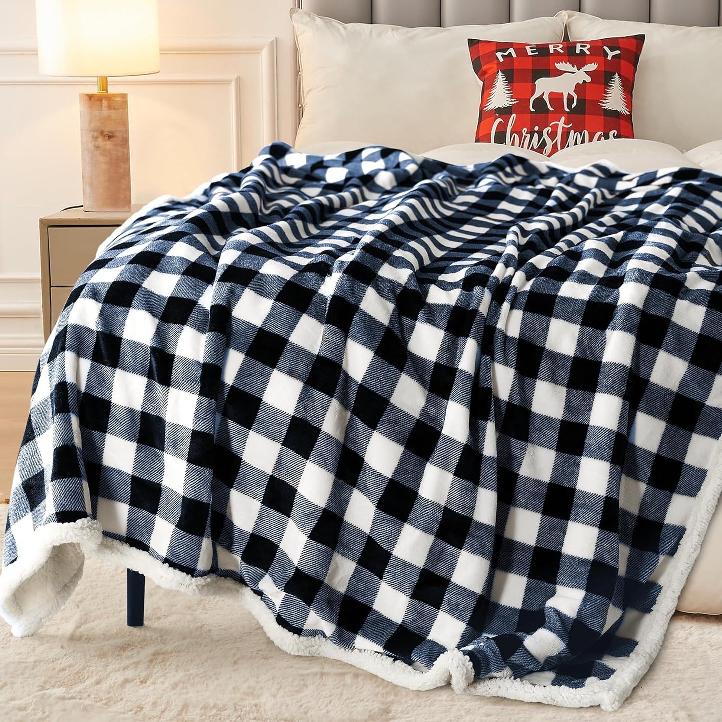 BEAUTEX Sherpa Fleece Throw Blanket, Super Soft Warm Buffalo Plaid Plush Blankets and Throws, Lightweight Cozy Fuzzy Blanket for Couch Sofa Bed (NavyBlue, 50" x 60")