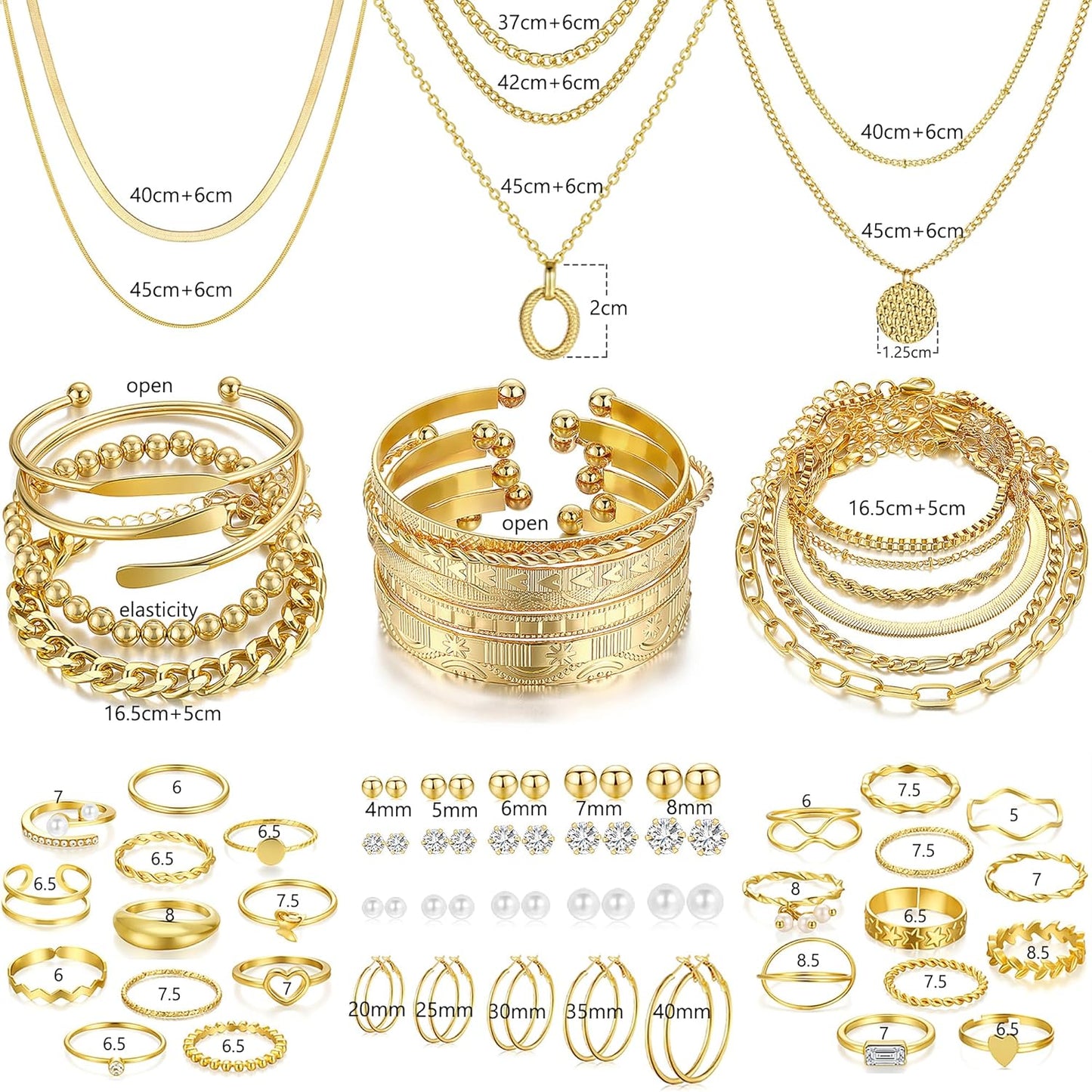 FAXHION 68 Pcs Gold Jewelry Set for Women with 7 Necklace, 17 Bracelet, 5 Hoop Earrings, 15 Stud Earrings, 24 Knuckle Rings for Women Jewelry Set for Women