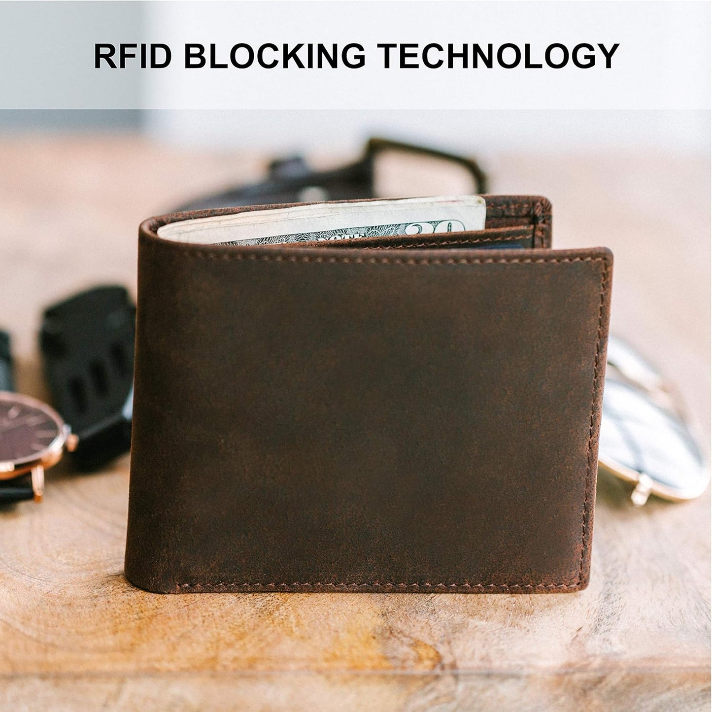 Top Grain Leather Wallet for Men | RFID Blocking | Extra Capacity Bifold Wallet with 2 ID Windows | Ultra Strong Stitching | Slim Billfold with 8 Card Slots | Gift for Him