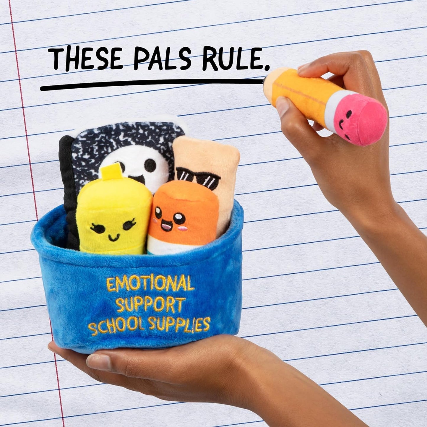 Emotional Support School Supplies Plush by Relatable - Cute Stuffed Animals and Squishy Toys, Fun Gift Ideas for All Ages, and Your Favorite Teacher - Includes 5 Plushies with Carrying Basket