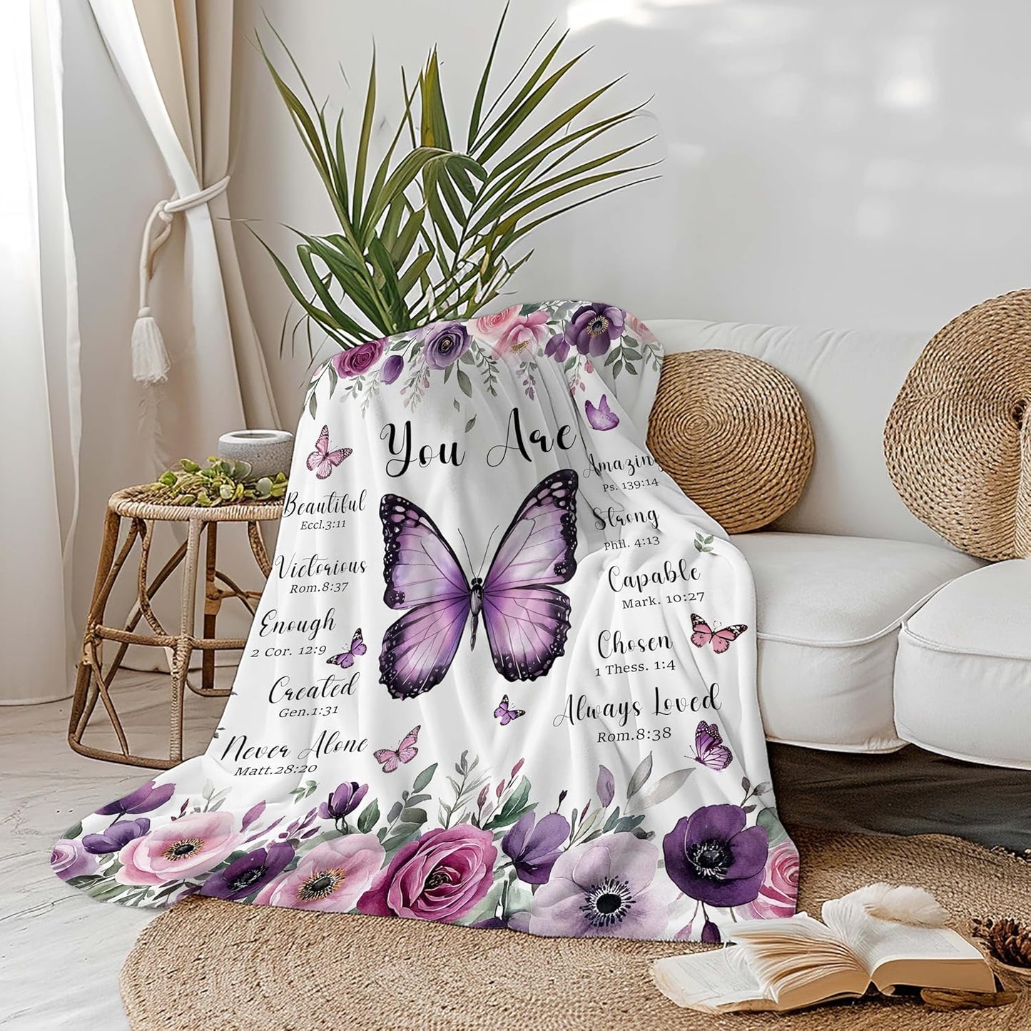 MASLEK Purple Butterfly Floral Blanket Soft Flannel Throw with Inspirational Quote Cozy Gift for Women Girls Bedroom Living Room Home, 50x60 Inch