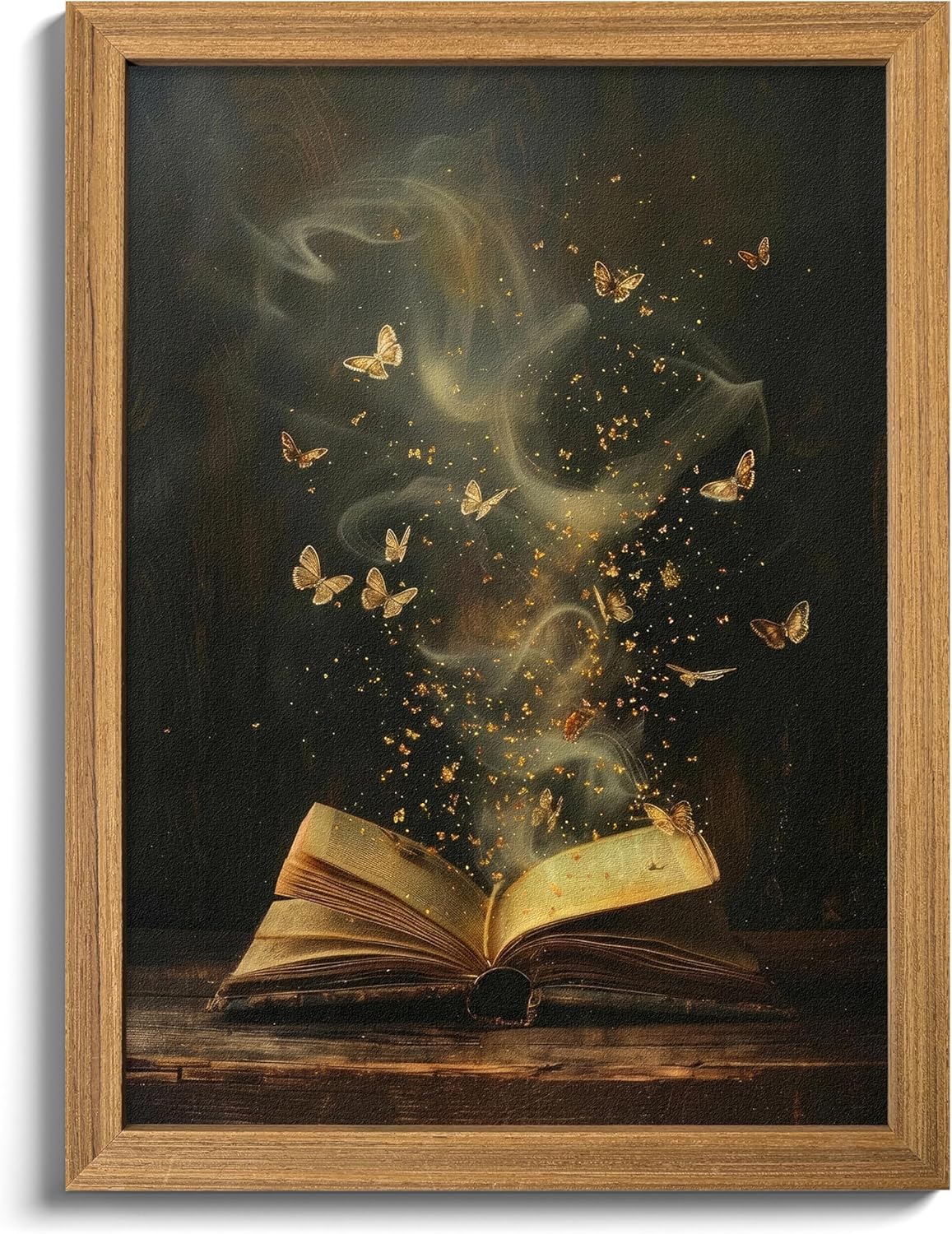 Framed 3D Textured Book Wall Art, Vintage Gold Moody Victorian Bookish Wall Decor Picture, Dark Academia Reading Butterfly Sandstone Painting for Library Bedroom Bookstore 16x24 Inch