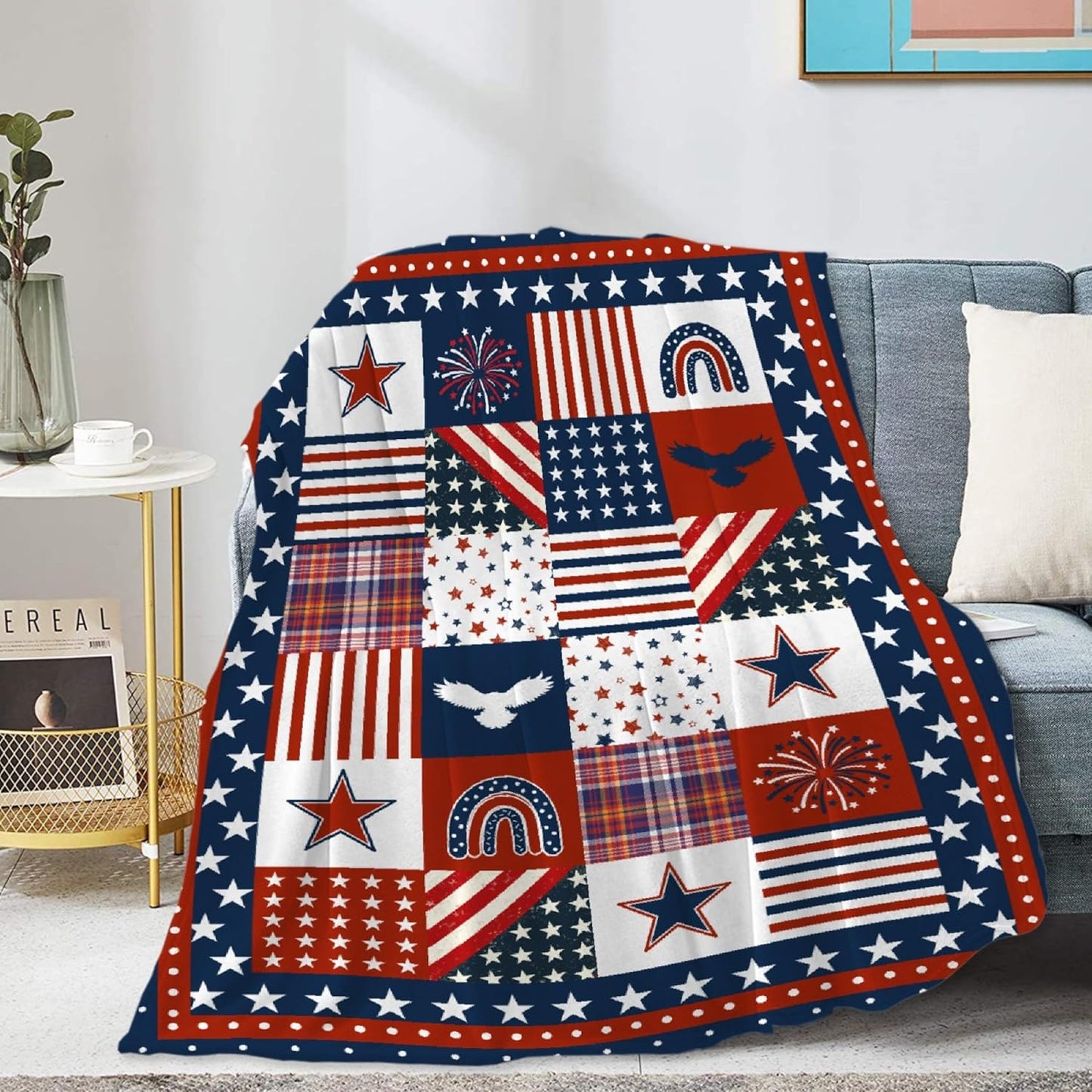 Flag Star Patriotic Blankets Independence Day 4th of July Blanket Gifts, Ultral Soft Blue Red White Lightweight Flannel Blankets Throw for Home Sofa Bed Chair 50"x60" for Teens