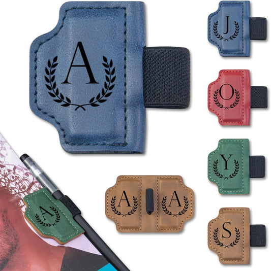 Custom Bygone Mark Bookmark with Pen Holder, Erebloom Personalized Magnetic Leather Pen Holder Bookmark with Initial, Leather Magnetic Book Marks for Men Women Readers,Book Lovers (Blue, A)