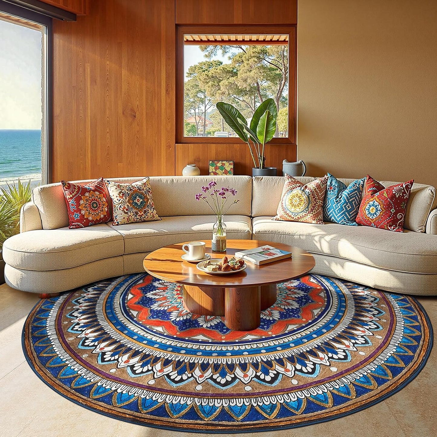 jinchan Mandala Round Rug 8ft Blue Rustic Boho Washable Rug Tribal 8' Round Vintage Peaceful Circle Rug Soft Non Slip Large Low-Profile Carpet for Dining Room Living Room Bedroom Patio, Saffron Blue