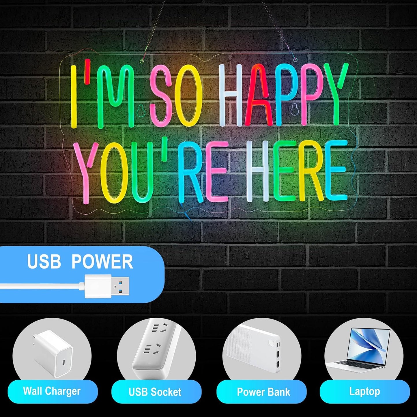 I'm So Happy You're Here Neon Sign for Wall Décor Dimmable LED Neon Light USB Powered Neon Art Signs Decor