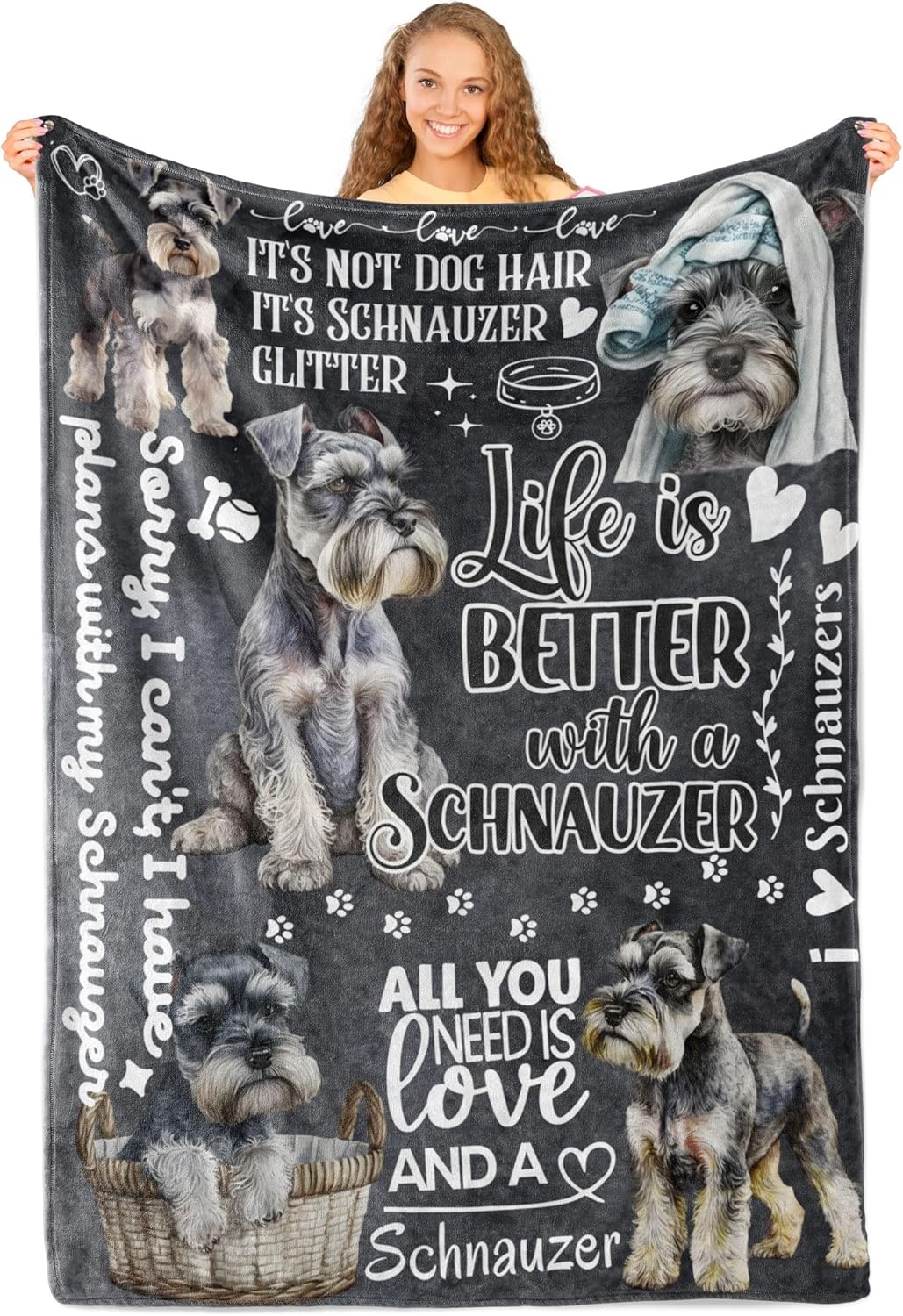 Schnauzer Gifts for Women Men, Miniature Schnauzer Flannel Throw Blanket for Dog Mom Dad Owner Dog Lovers, 50 x 65 Inches, Black