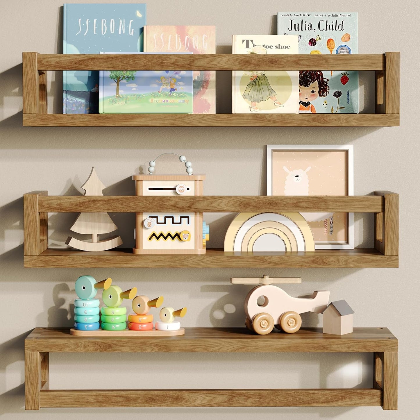 Upgraded Thick Floating Shelves, Solid Wood Bookshelf for Wall, Floating Book Shelves Use as Wall Shelves for Bedroom, Kids Room, Nursery, Books, Spice Rack & Decor – Dark Walnut Brown