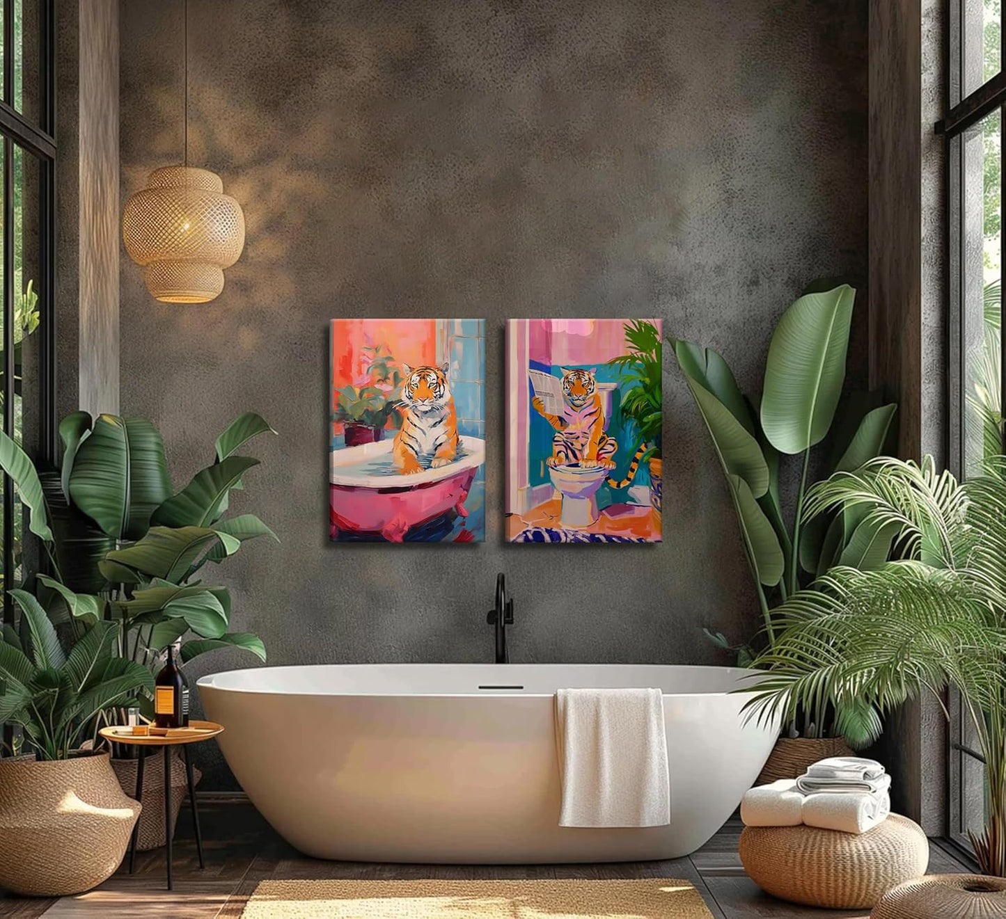 2Pcs Interesting Bathroom Tiger Canvas Wall Art Eclectic Pink Kitsch Aesthetic Animal in Bathtub Painting Picture Wall Decor Fashion Dopamine Poster Print Artwork for Restroom Home Decoration (Canvas, 16x24in)