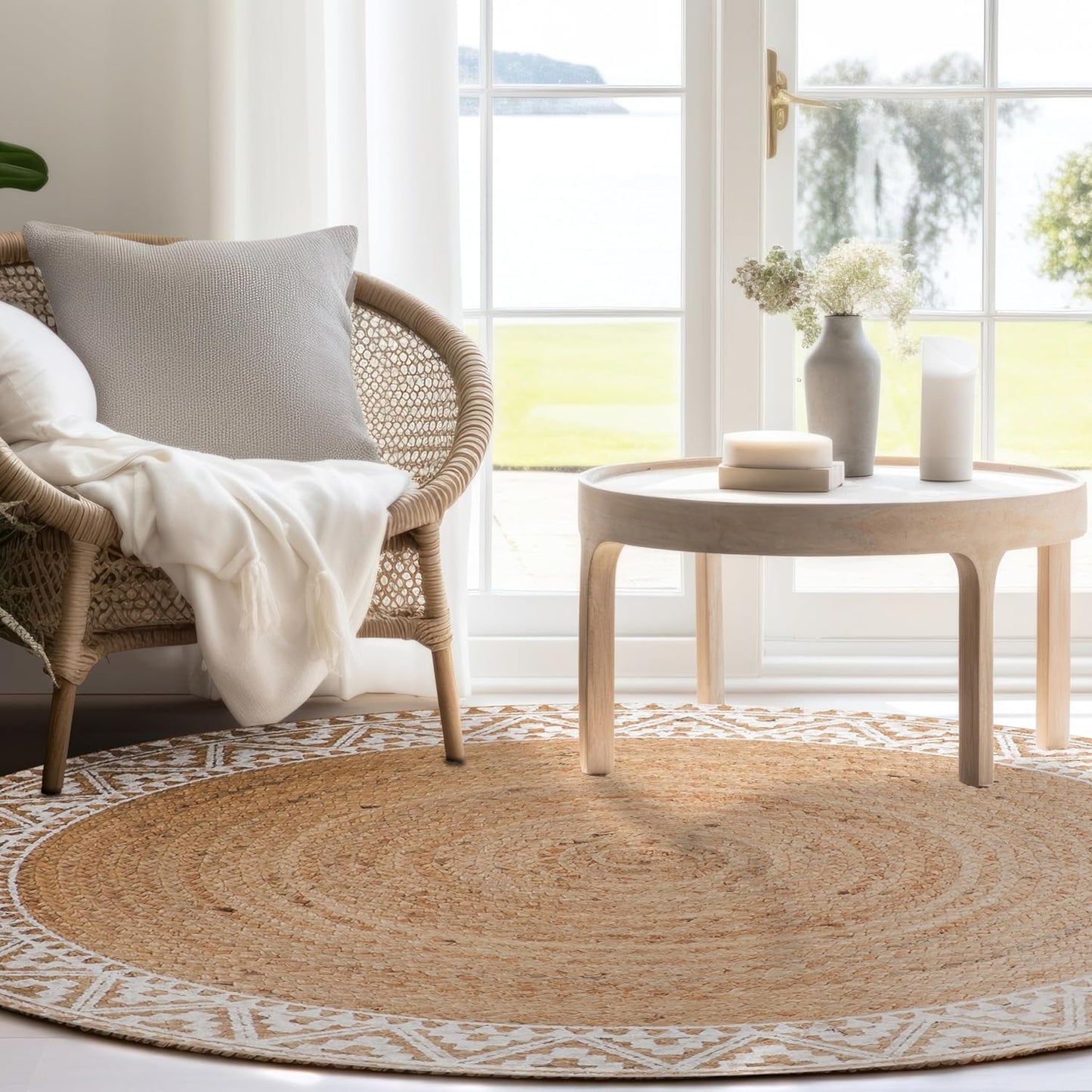 voyzz home Premium Natural Jute Braided Area Rug, 3-feet Round, White Printed Border, Stain Resistance, Natural Handmade Rug for Entryways, Living Room, Dining Room, Bedroom, Farmhouse, Kitchen