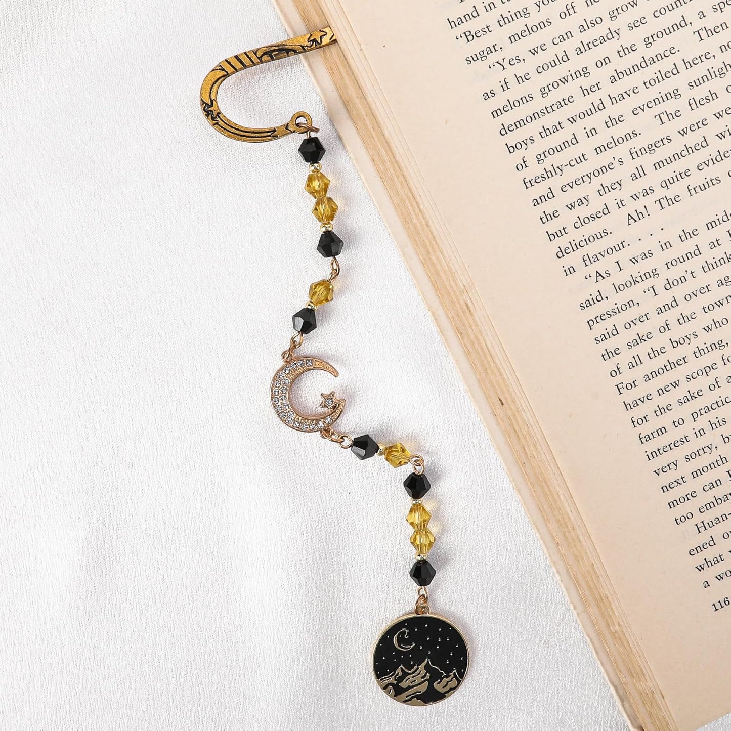 Fantasy Acotar Metal Bookmark - Retro Vintage Hook Book Marks Page Mark with Beaded Black Gold Moon Charm for Women Men Students Teachers Reading Lovers Birthday Gifts School Accessories