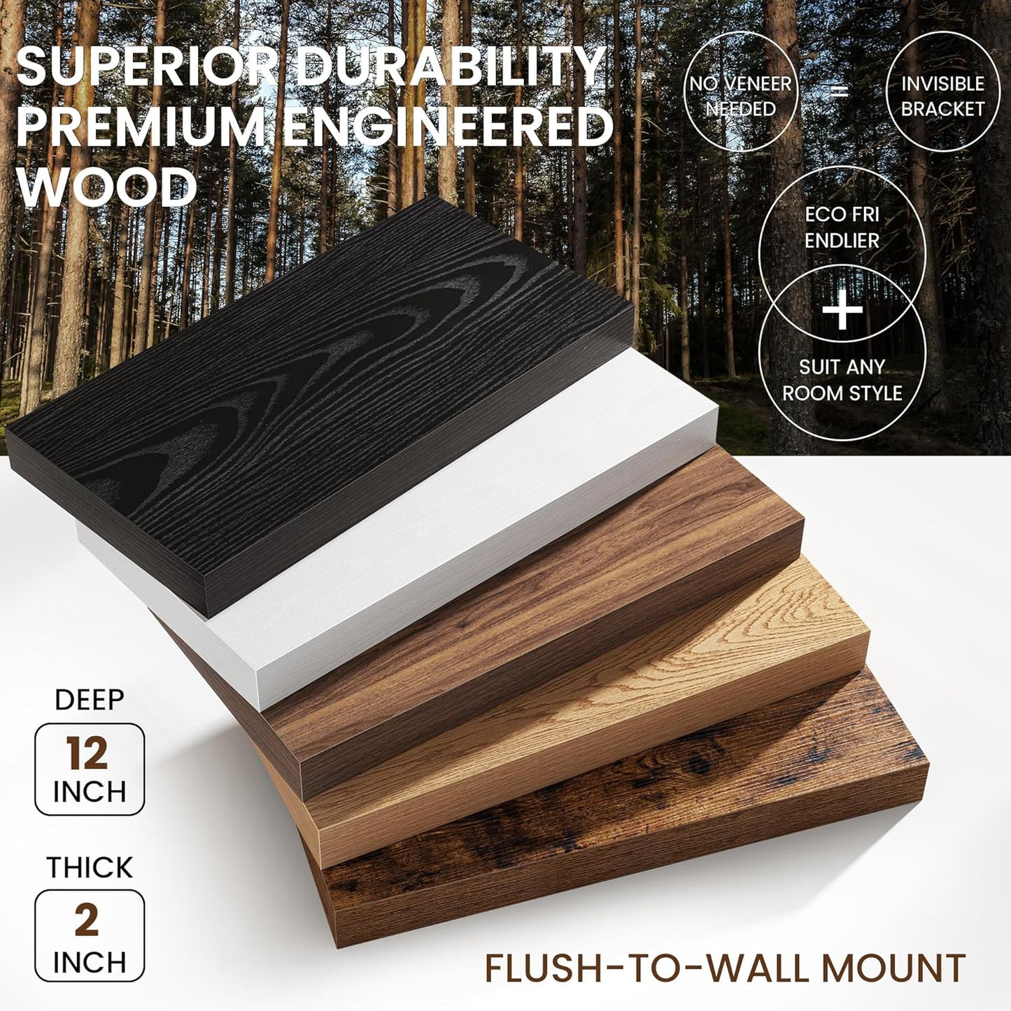 32Inch Oak Floating Shelves for Wall, 12 Inch Deep Shelves for Bedroom, Kitchen, Bathroom Wall Mounted, Rustic Wood Floating Shelf with Invisible Brackets for Books, Storage, Decor, 2 Packs