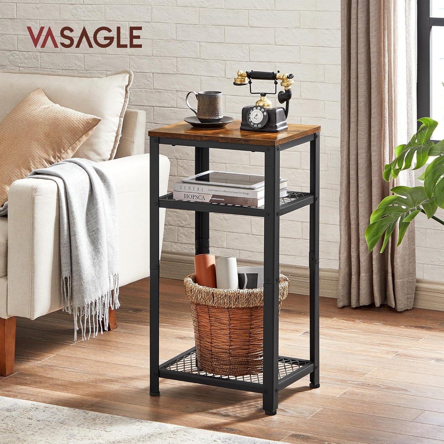VASAGLE 3-Tier Tall Side Table, Small Telephone End Table Stand with 2 Mesh Storage Shelves for Office, Bedroom, Living Room, Kitchen Cart, Rustic Brown and Black