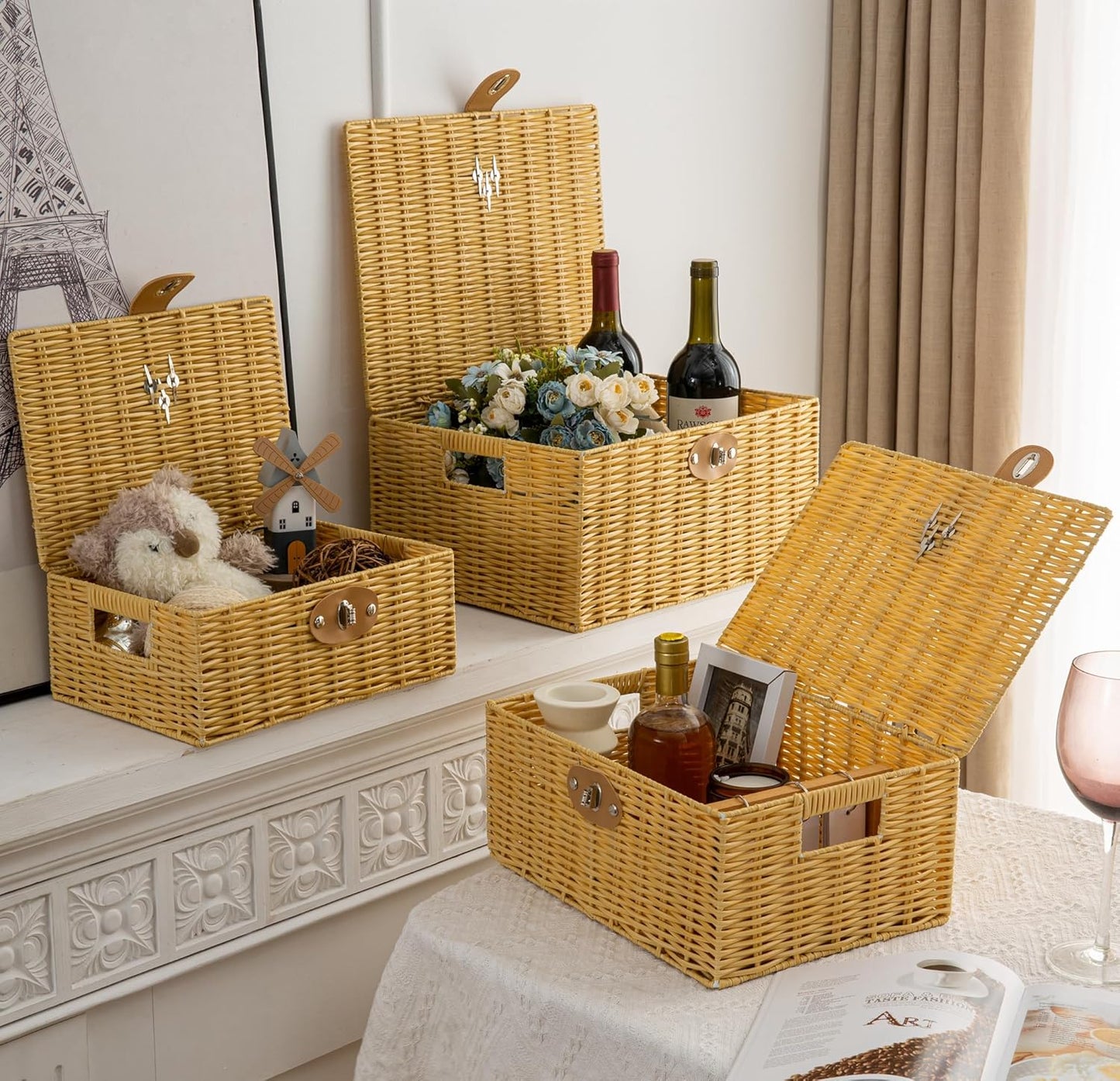 Wicker Storage Baskets with Lids, Set of 3 Decorative Storage Boxes For Organizing, Woven Baskets with Leather Lock and Handles (Beige)