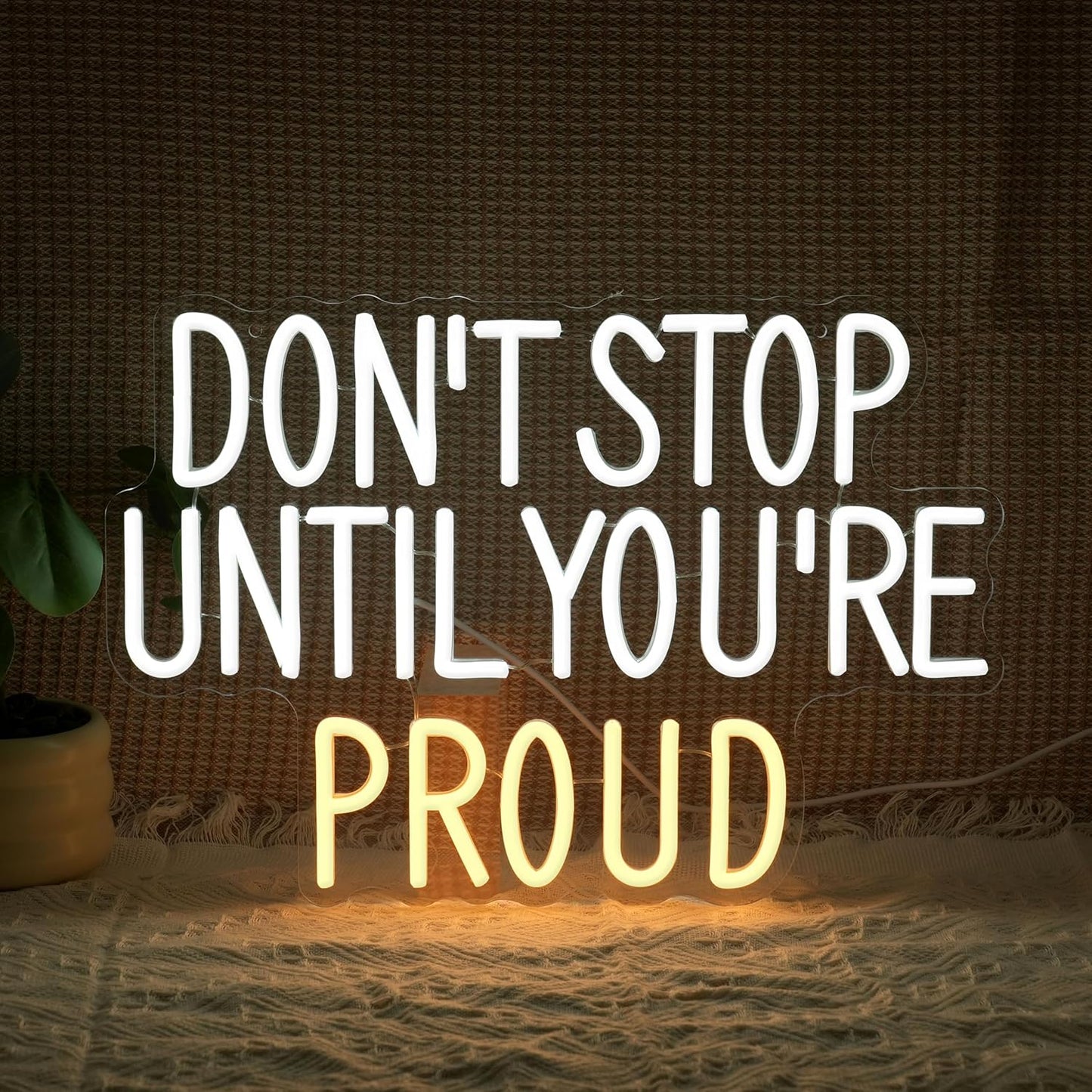 Don’t Stop Until You’re Proud Neon Sign for Wall Decor Inspirational White Neon Light Dimmable Encouragement Letter Light Up Sign for Bedroom House Gym Classroom