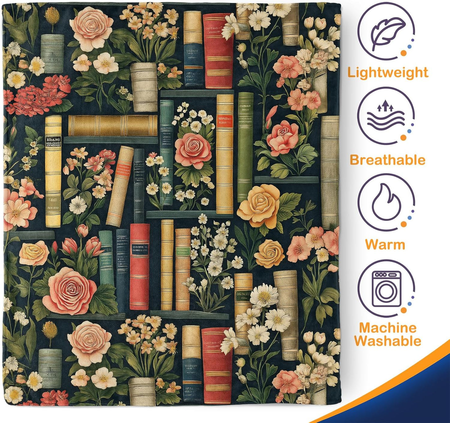 Book Lovers Gifts for Women Girls, Flowers and Book Blanket Gifts for Books Lovers Women Readers Bookish Librarian Themed Reading Blanket, Soft Bed Couch Decor Birthday Throw 50"x60"