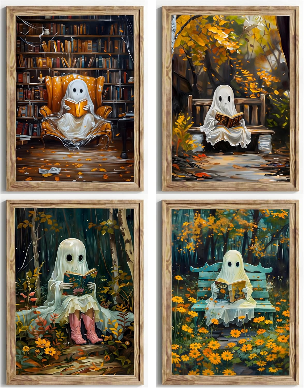 Vintage Halloween Ghost Canvas wall art Funny Cute Ghost Reading Book Painting Pictures wall decor Gothic Dark Whimsical Aesthetic Posters Prints for Bedroom Living Room Scene Home Decoration Unframed