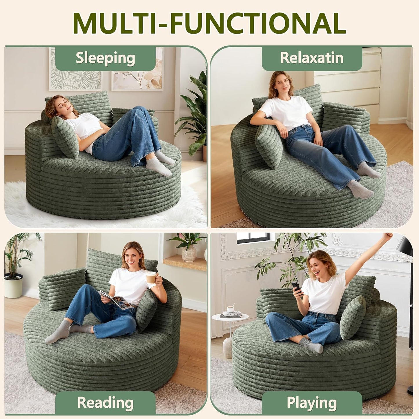 50" Oversized Round Chair Lounge Chaise Indoor, Modern Upholstered Corduroy Cloud Circle Chair with Deep Seat, Comfy Fluffy Sleeper Sofa for Reading, Living Room, Bedroom, No Assembly, Green